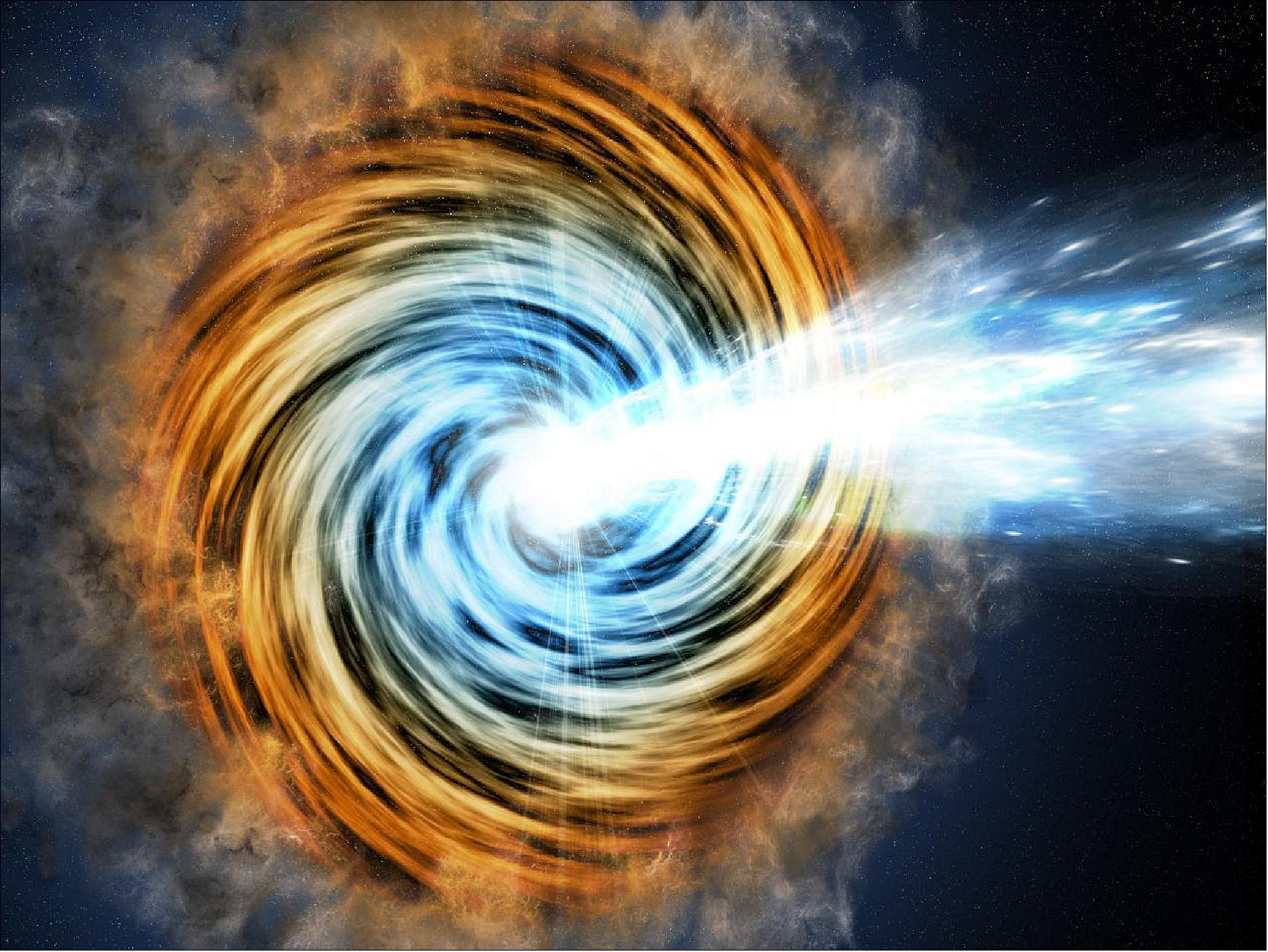 Figure 24: Artist's impression of a blazar, a rare class of active galaxy characterized by a relativistic jet that is pointing in the general direction of the Earth (image credit: M. Weiss/CfA)