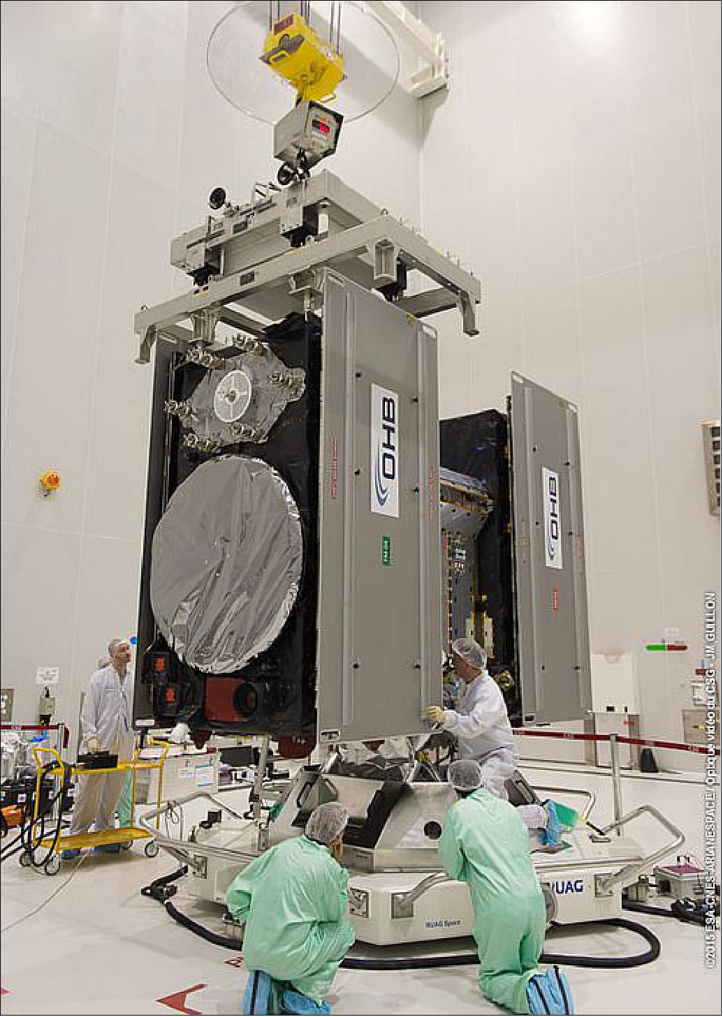 Figure 21: Photo of the Galileo FOC-3 and FOC-4 satellites fitted onto dispenser (image credit: ESA/CNES/ARIANESPACE-Service Optique CSG) 20)