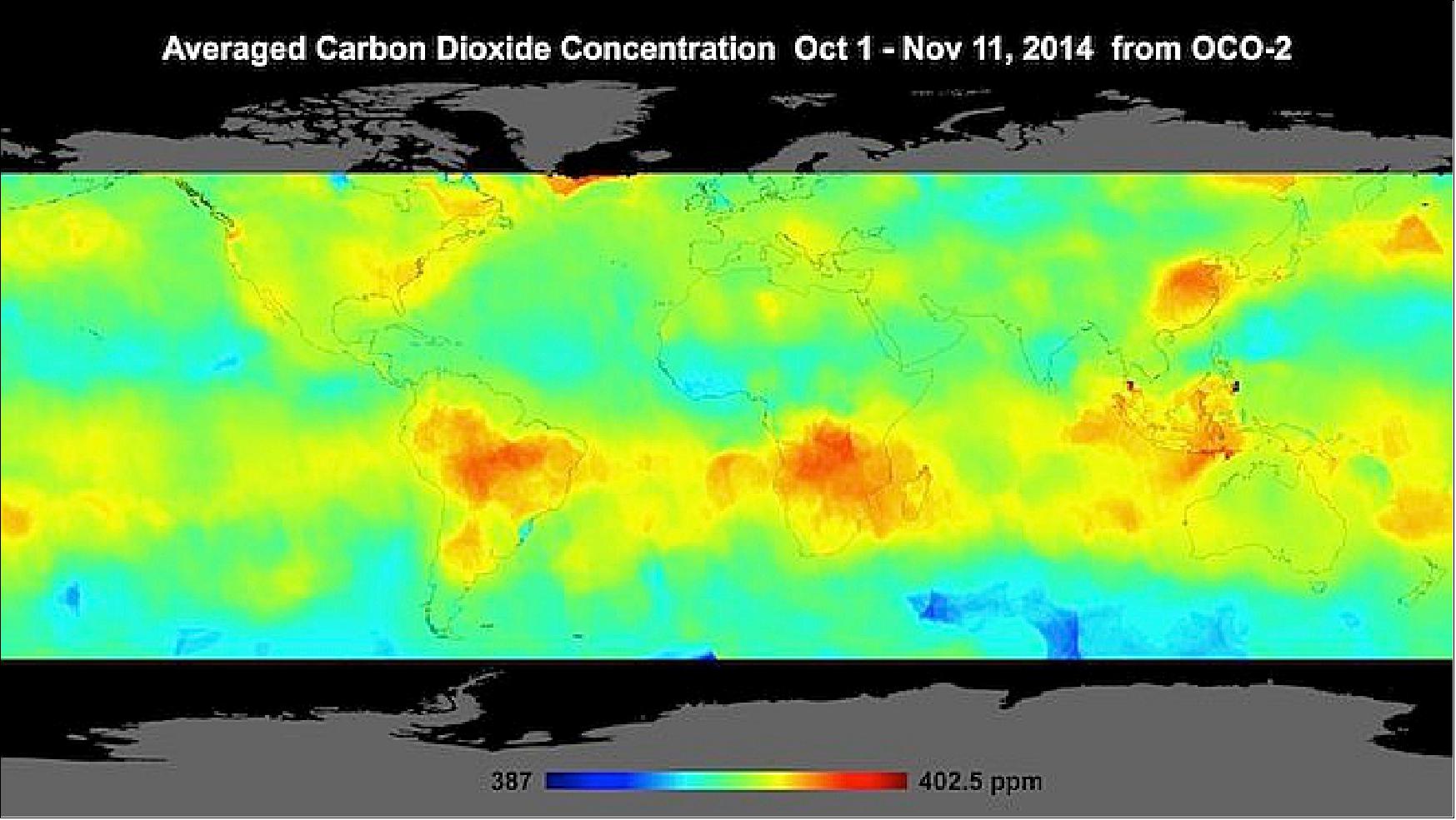 Figure 2: This map, pieced together with data from NASA's OCO-2, shows average global atmospheric carbon dioxide concentrations from Oct. 1 through Nov. 11,2014 (image credit: NASA/JPL)