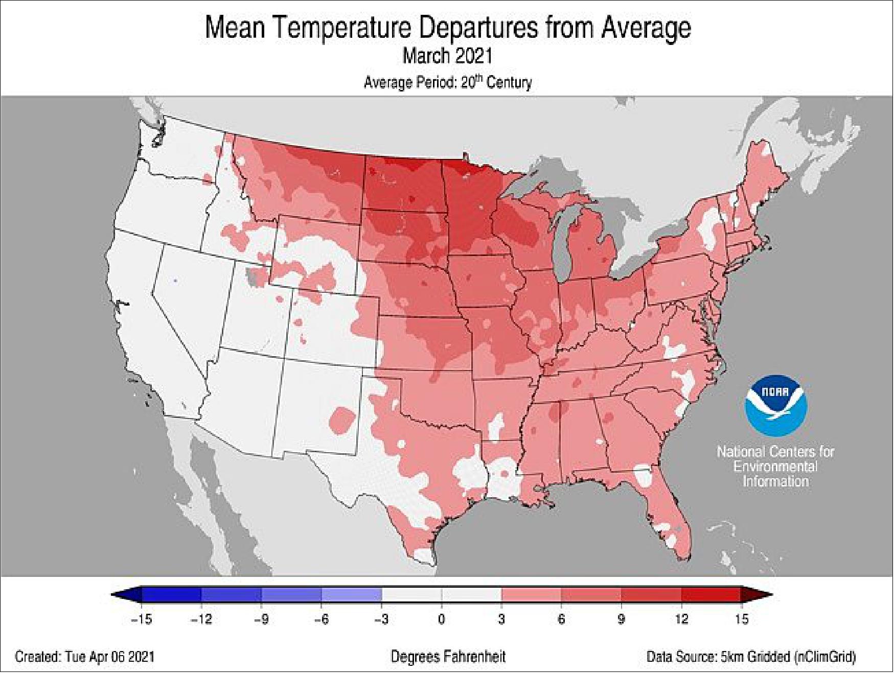 Figure 2: Above-average temperatures were observed from the Northwest to the Great Lakes to the Gulf of Mexico and into the Northeast. Temperatures across North Dakota were fourth warmest on record. Below-average temperatures were present across parts of the West Coast during March (image credit: NOAA) 4)
