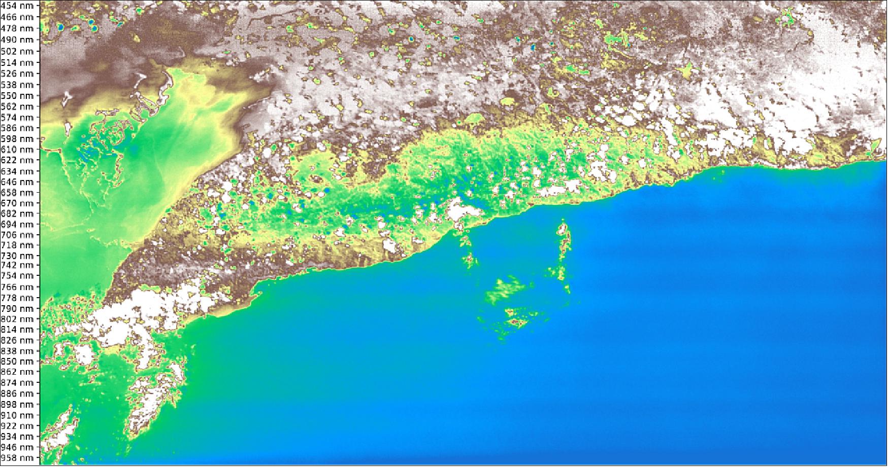 Figure 18: This first full frame image from the miniature HyperScout instrument aboard ESA’s newly launched GomX-4B CubeSat, shows the southern coast of Cuba. The image was acquired on 26 March 2018 (image credit: ESA/cosine Research) 24)