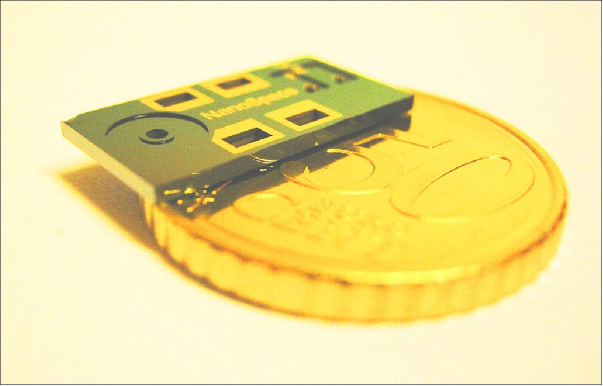 Figure 22: Thruster chip for the GomX-4B CubeSat’s propulsion system, designed by Nanospace in Sweden. Elements such as flow channels and sensors, chamber and nozzle are fitted into a 1 x 2 cm chip, just 1 mm thick by using microelectromechanical systems technology, otherwise known as MEMS. In terrestrial terms, MEMS is already a very mature technology platform: there are such devices all around us, in our cellphones, watches and cars (image credit: Nanospace)