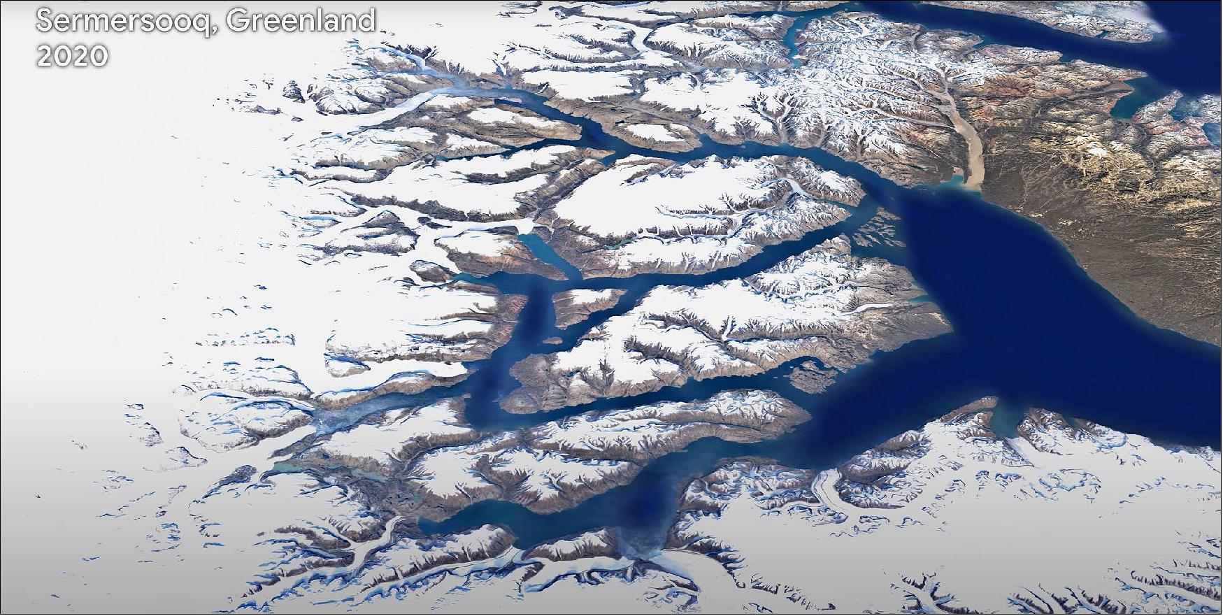 Figure 1: Sermersooq, Greenland. One of the most comprehensive pictures of our changing planet is now available to the public. Thanks to the close collaboration between Google Earth, ESA, the European Commission, NASA and the US Geological Survey, 24 million satellite photos from the past 37 years have been embedded into a new layer of Google Earth – creating a new, explorable view of time on our planet [image credit: Google Earth Timelapse (Google, Landsat, Copernicus)]