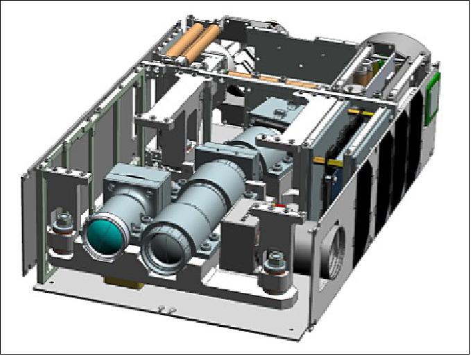 Figure 7: Computer-Aided Drawing (CAD) model of HYPSO-1 with its top and front panels removed showing the hyperspectral imager in the center, RGB camera to its left and star-tracker to its right (image credit: NTNU)