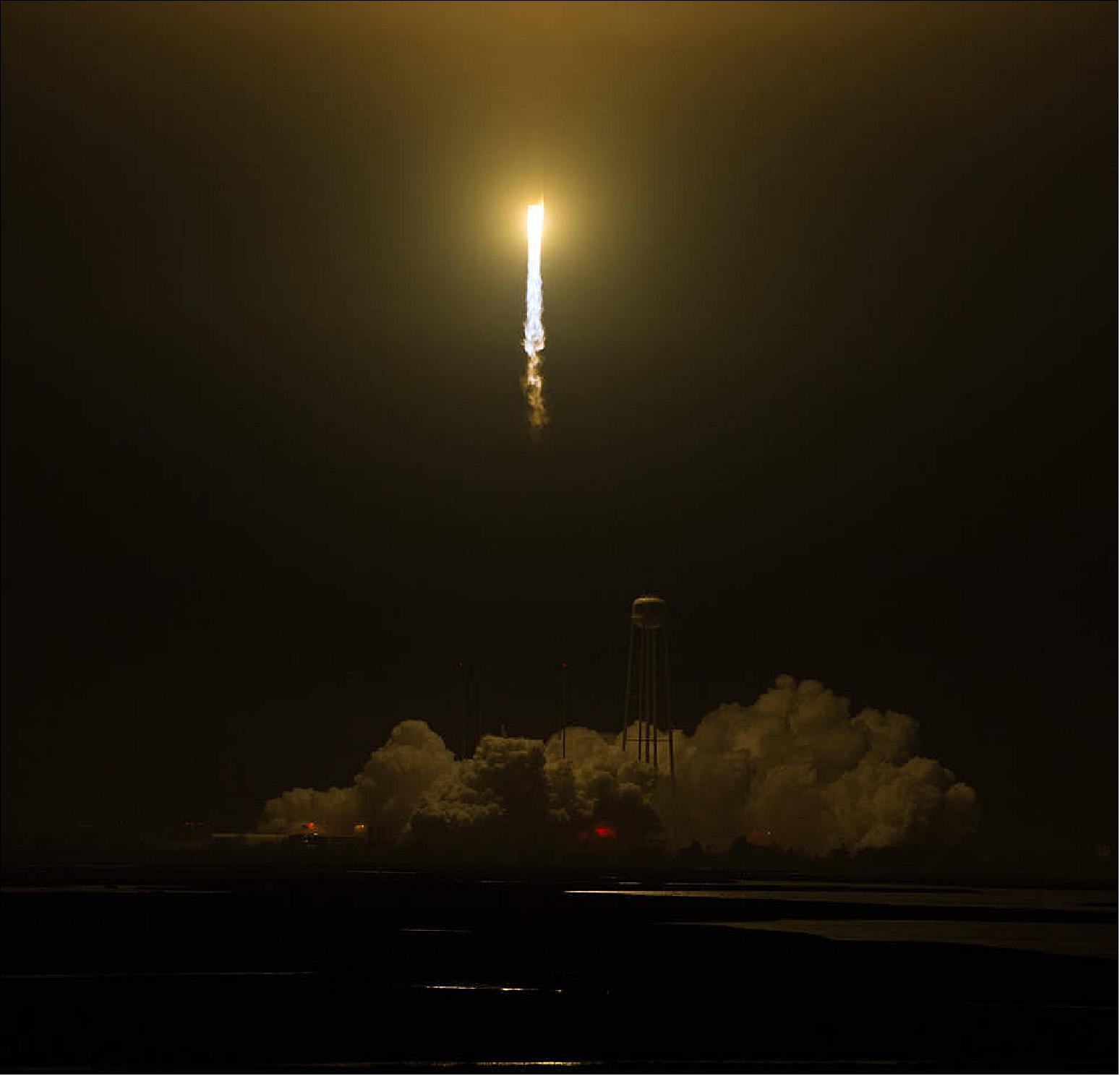 Figure 8: The Orbital ATK Antares rocket, with the Cygnus spacecraft onboard, launched from Pad-0A, Monday, May 21, 2018 at NASA's Wallops Flight Facility in Virginia. Orbital ATK’s ninth contracted cargo resupply mission with NASA to the International Space Station will deliver approximately 3352 kg of science and research, crew supplies and vehicle hardware to the orbital laboratory and its crew (image credit:NASA/Aubrey Gemignani)