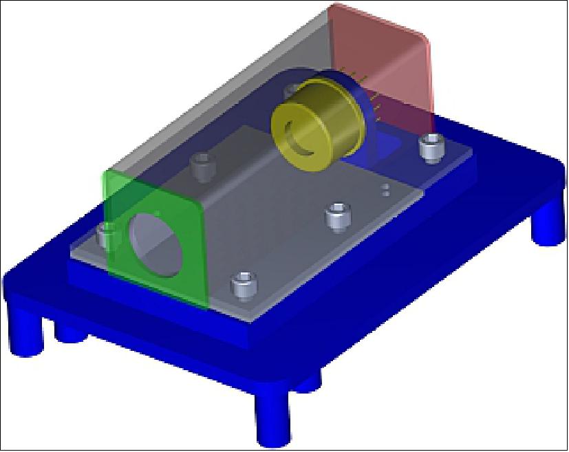 Figure 21: X-ray detector assembly. SDD detector, passive shield and baseplate are indicated with yellow, semi-transparent gray and blue color, respectively (image credit: HaloSat Team)