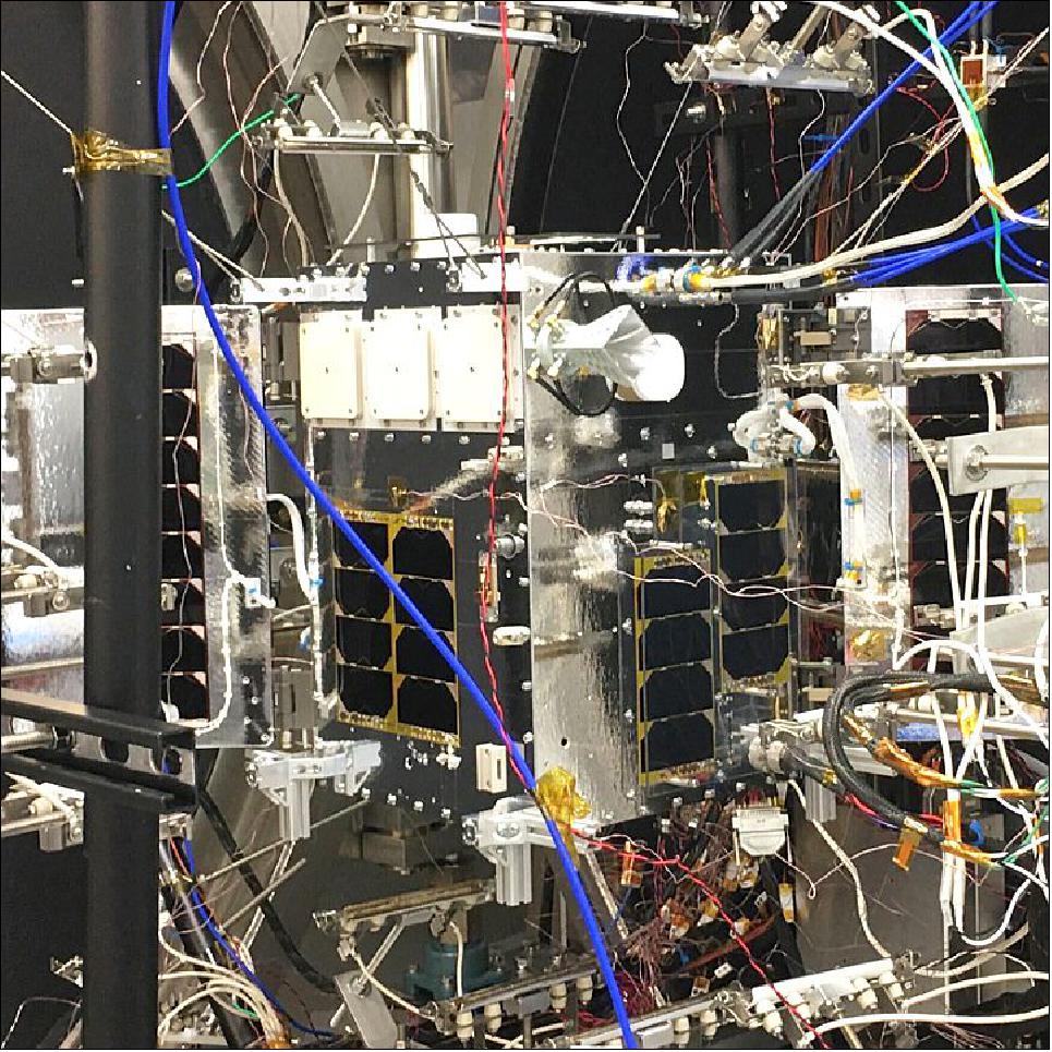 Figure 6: HawkEye Cluster 2 satellite undergoing thermal vacuum testing (Photo: UTIAS/SFL)