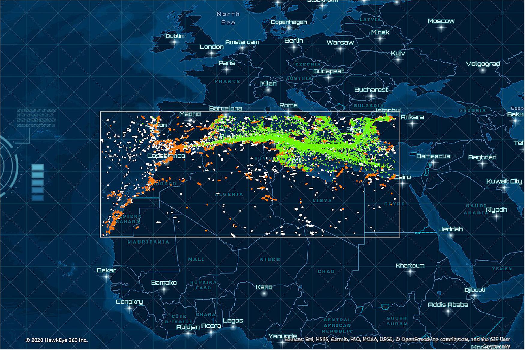Figure 20: HawkEye 360 Regional Awareness Subscription for the Mediterranean, showing two months of data for three signals (image credit: HawkEye 360)