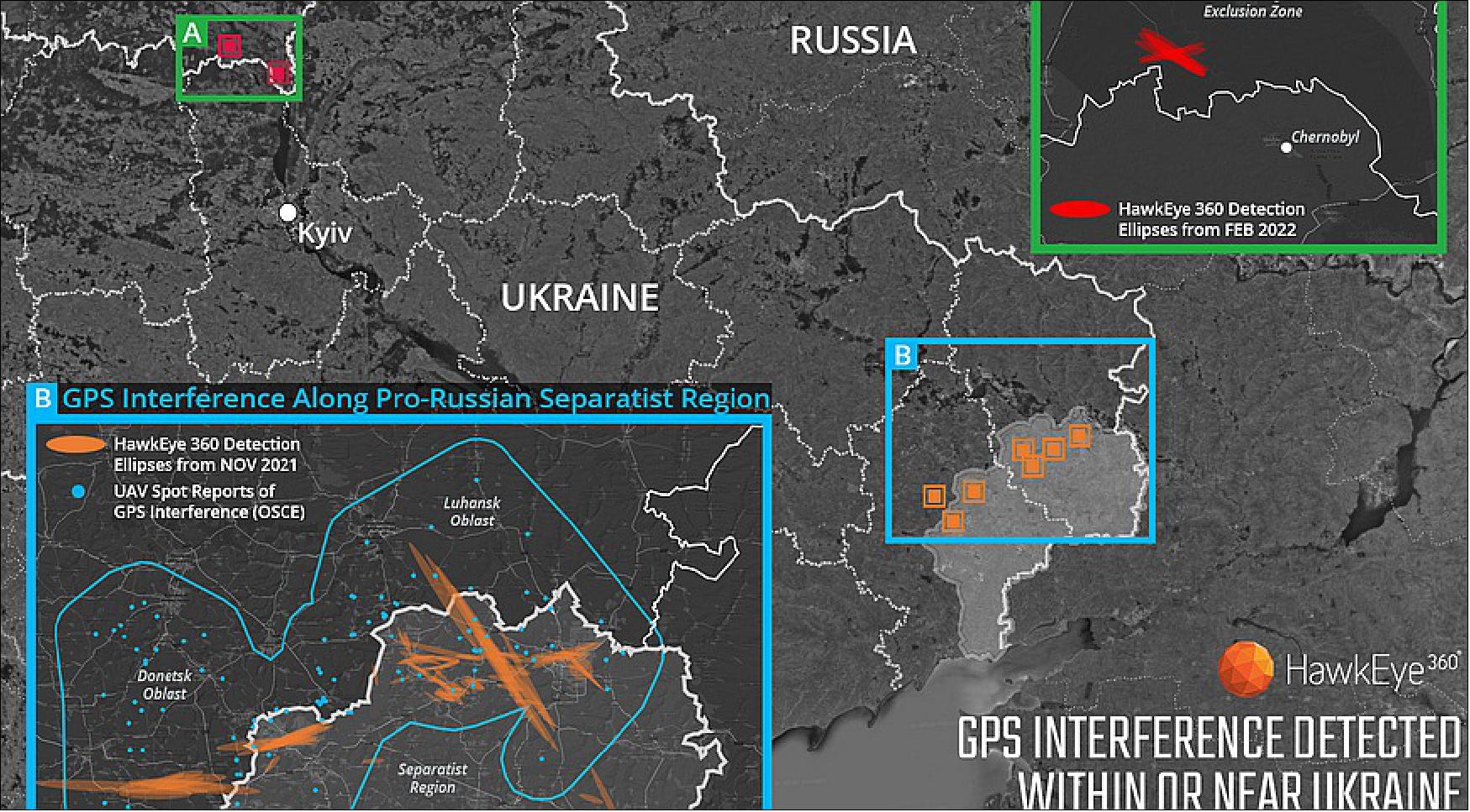 Figure 12: HawkEye 360 detected increased GPS interference in and around Ukraine in the months leading up to the Russian invasion (image credit: HawkEye 360)