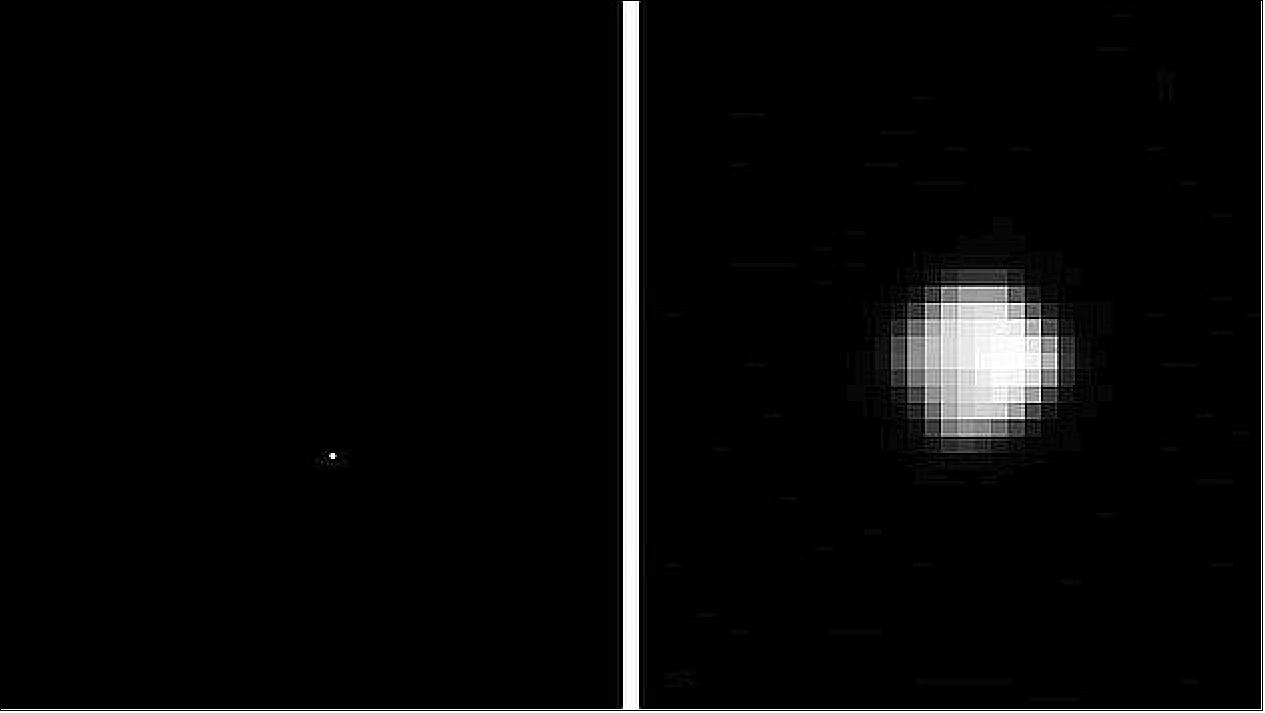 Figure 103: Left: An image of Ryugu acquired by the ONC-T on board Hayabusa-2 at around 13:50 JST (06:50 CEST, 04:50 UTC) on 13 June 2018. The distance to the asteroid is approximately 920 km and the field of view is 6.3º x 6.3º; the exposure time was 0.09 seconds. Right: enlarged section of left-hand image [image credit: JAXA, Kyoto University, Japan Spaceguard Association, University of Seoul, University of Tokyo, Kochi University, Rikkyo University, Nagoya University, Chiba Institute of Technology, Meiji University, University of Aizu, and AIST (National Institute of Advanced Industrial Science and Technology)]