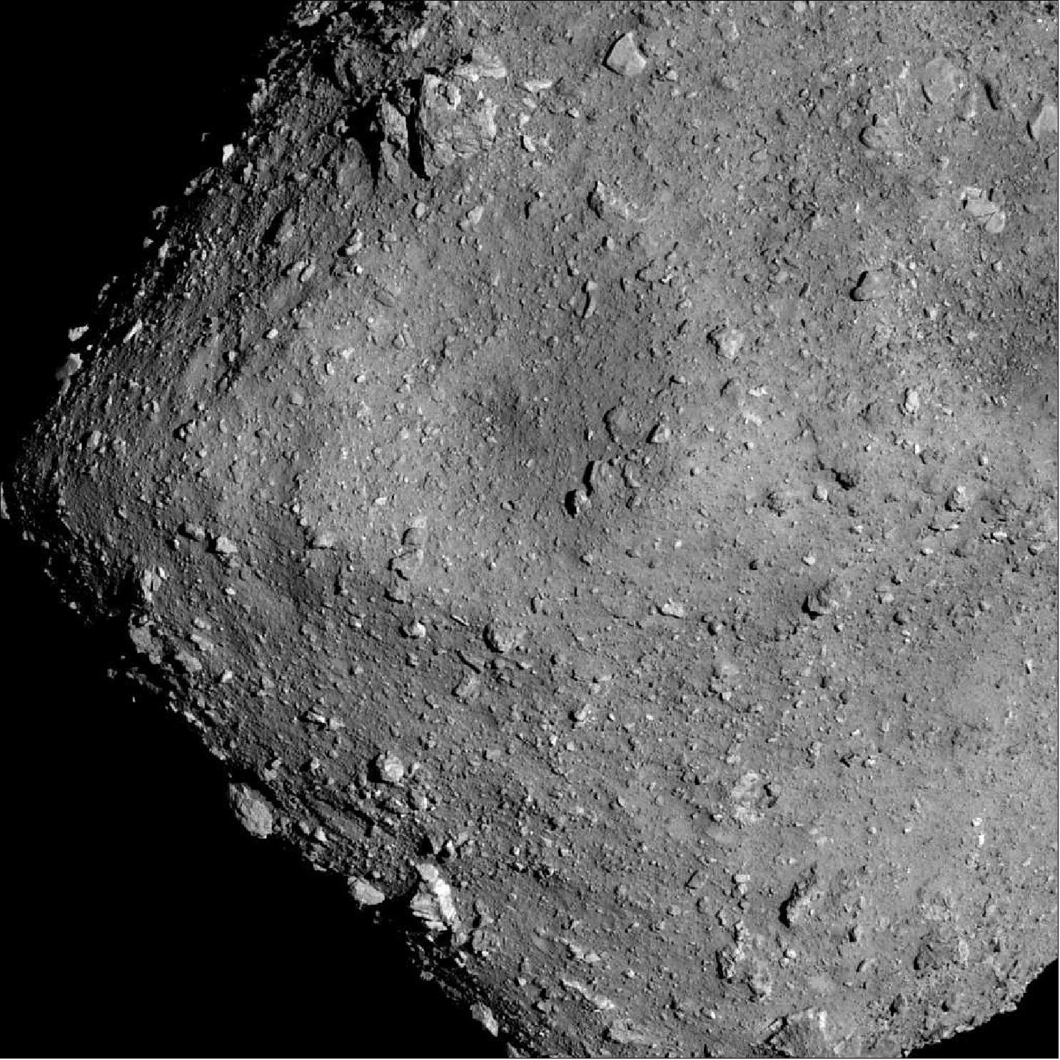 Figure 98: Asteroid Ryugu from an altitude of 6 km. The image was captured with ONC-T (Optical Navigation Camera - Telescopic) on July 20, 2018 at around 16:00 JST (image credit: JAXA, University of Tokyo, Kochi University, Rikkyo University, Nagoya University, Chiba Institute of Technology, Meiji University, University of Aizu, AIST)