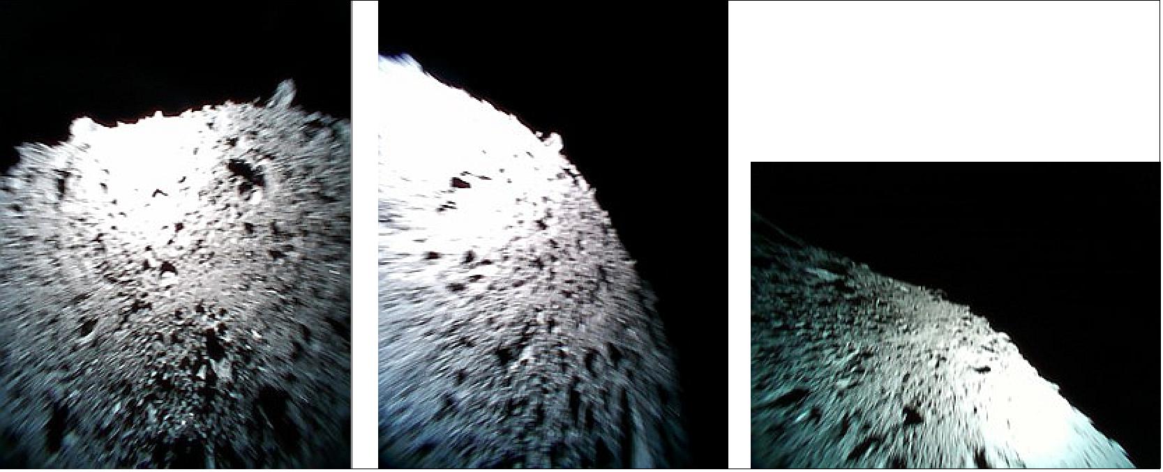 Figure 87: These images were taken by Rover-1B on 23 September 2018; confirmation of Rover-1B hop. Observation time (JST): Left: 09:50; Center: 09:55; Right: 10:00 (image credit: JAXA)