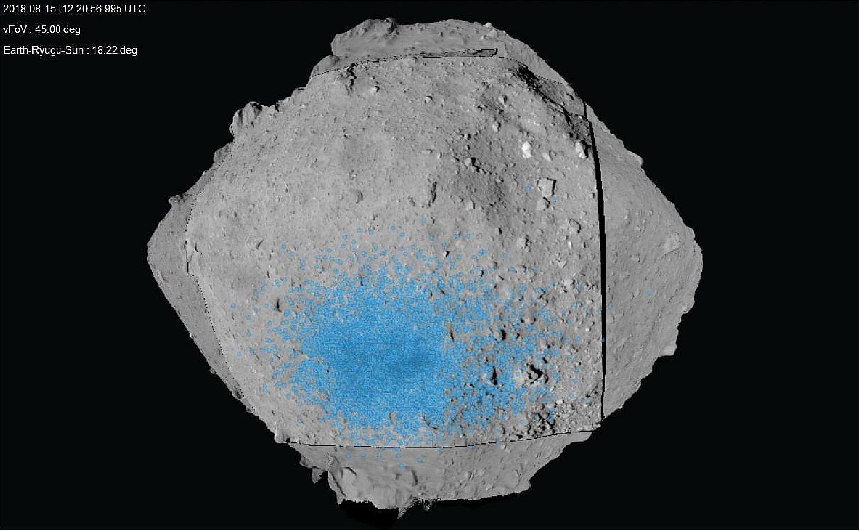 Figure 86: MASCOT landing site candidate region (light blue area). Since MASCOT is expected to bounce several times after first touching down, a reasonably wide region was selected (image credit: JAXA, University of Tokyo, Kochi University, Rikkyo University, Nagoya University, Chiba Institute of Technology, Meiji University, University of Aizu, AIST, CNES, DLR)