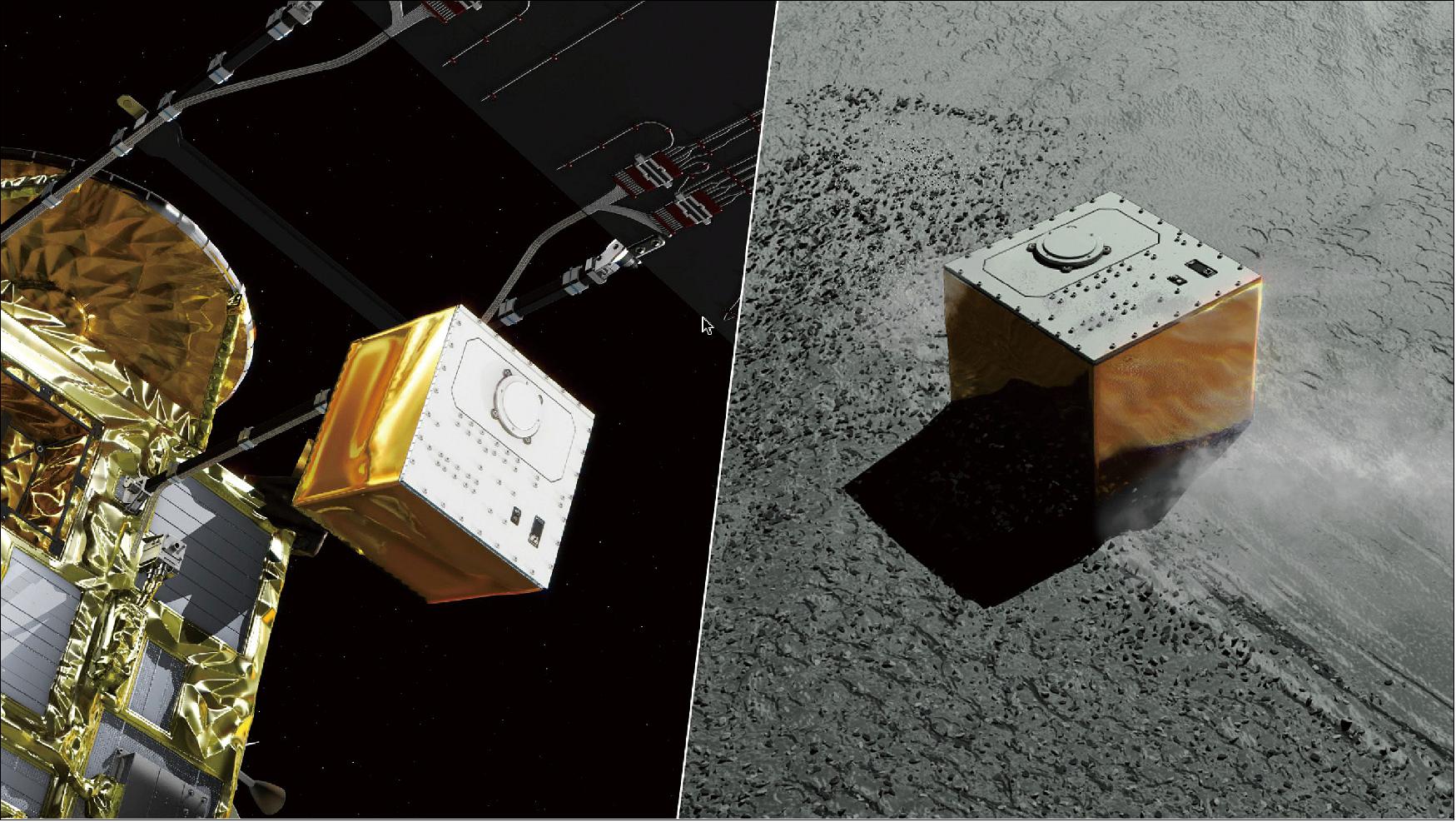 Figure 85: Left: Illustration of MASCOT separating from Hayabusa-2. Right: Illustration of MASCOT landing on the surface of Ryugu (image credit: JAXA, Ref. 71)