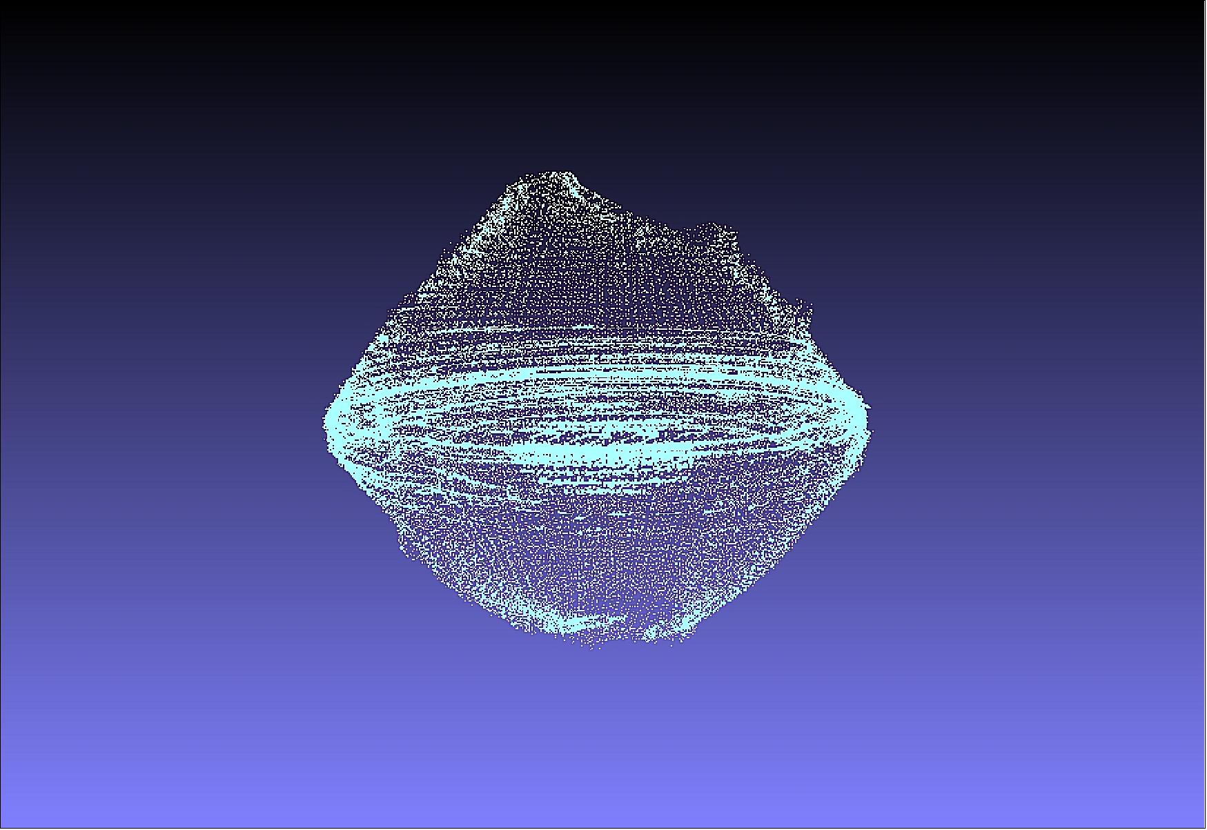 Figure 79: To create the figure from the LIDAR data, the project used the shape model of Ryugu to guide the three-dimensional structure (image credit: National Astronomical Observatory of Japan (NAOJ), JAXA, Chiba Institute of Technology, University of Aizu, Nihon University, Osaka University)