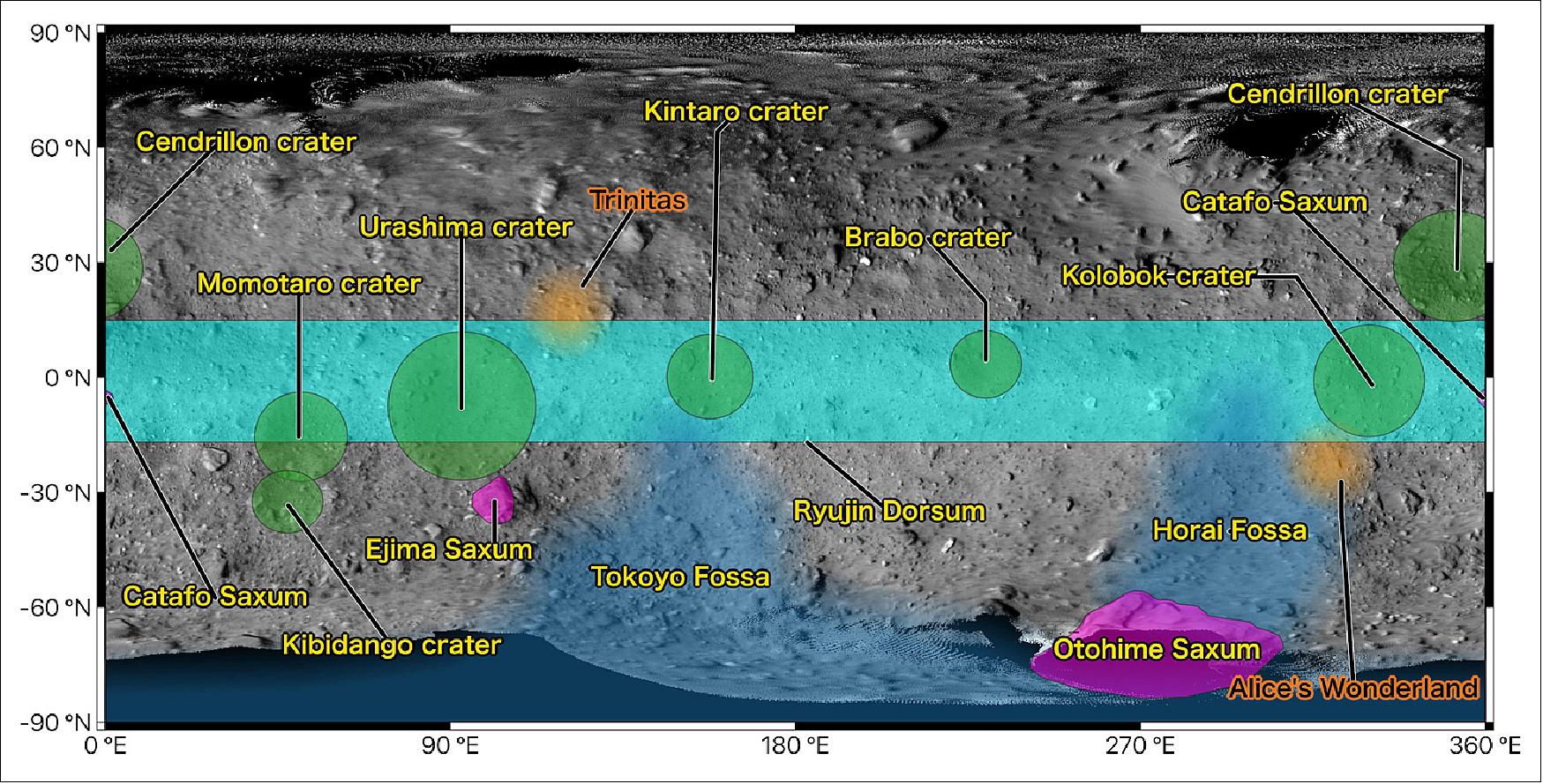 Figure 70: Map of Ryugu showing the place names. Trinitas and Alice’s Wonderland are nicknames of the MINERVA-II1 and MASCOT landing sites, respectively, and not place names recognized by the IAU (image credit: JAXA naming team)