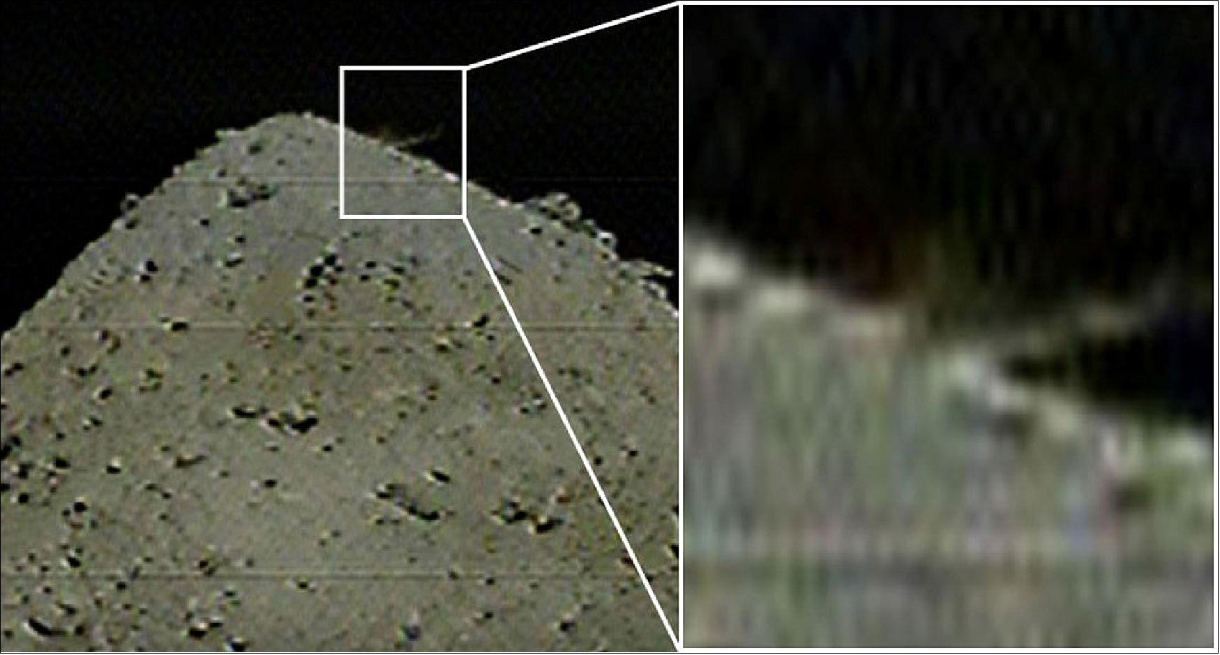 Figure 59: Plume from impact. This image, captured by the camera separated from Hayabusa2 (DCAM3), shows ejection from Ryugu’s surface, which was caused by the collision of the SCI against Ryugu. The image was taken at 11:36 a.m. JST on April 5, 2019 (image credit: JAXA/The University of Tokyo/Kochi University/Rikkyo University/Nagoya University/Chiba Institute of Technology/Meiji University/The University of Aizu/AIS)