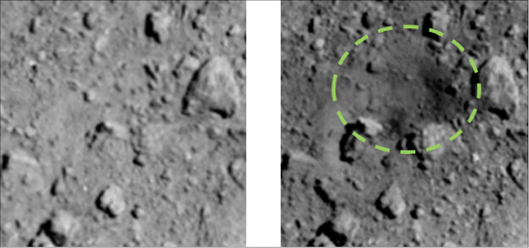 Figure 58: ONC-T images. The left image was acquired on 22 March 2019. The right image was acquired on 25 April 2019. By comparing the two images, we have confirmed that an artificial crater was created in the area surrounded by dotted lines. The size and depth of the crater are now under analysis (image credit: JAXA, The University of Tokyo, Kochi University, Rikkyo University, Nagoya University, Chiba Institute of Technology, Meiji University, The University of Aizu, AIST)