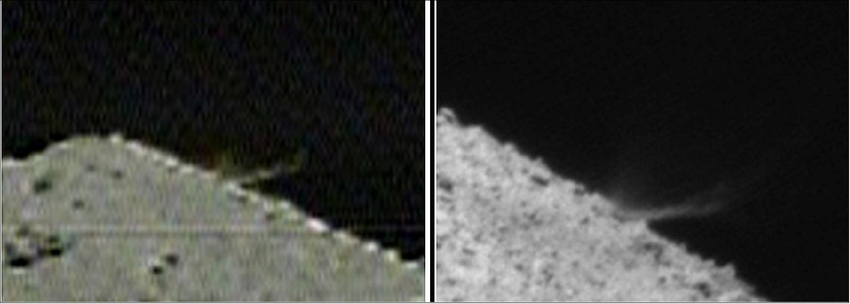 Figure 46: Impact event captured by two cameras equipped on DCAM3. Left: DCAM3-A (640 x 480 pixels analog camera), 2 seconds after impact. Right: DCAM3-D (2000 x 2000 pixels digital camera), 3 seconds after impact (image credit: Hayabusa-2 Team)