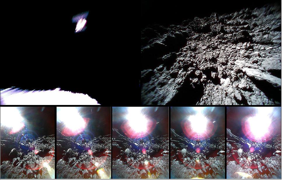 Figure 36: Top left: Image of Hayabusa-2 taken by Rover-1A on 21 September at 4:08UT right after the separation. Top right: Close-up image of the Ryugu surface taken by Rover-1B on September 23 at 0:46 UT. Bottom: A series of images captured by Rover-1B on the Ryugu surface between 1:14-02:48 UT on 23 September 2018 (image credit: Hayabusa-2 Team and the DLR/CNES MASCOT Team)