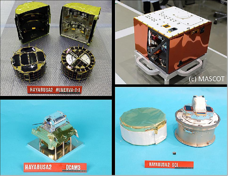 Figure 35: Top left: MINERVA-II-1 rovers, left: Rover-A “HIBOU”, right: Rover-B “OWL”. Top right: MASCOT lander. Bottom left: DCAM3 deployable camera. Bottom right: SCI (Small Carry-on Impactor), image credit: Hayabusa-2 Team and the DLR/CNES MASCOT Team