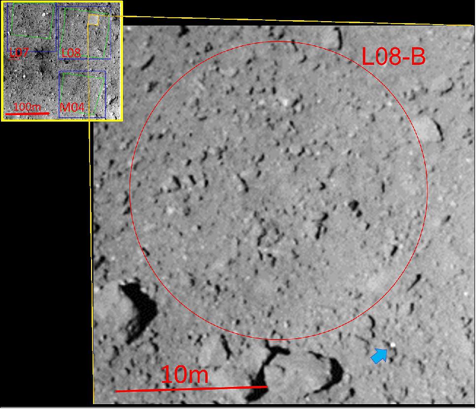 Figure 34: Narrowed touchdown candidate site L08-B and the Target Marker (indicated by the arrow) dropped in the TD1-R3 operation (image credit: Hayabusa-2 Team and the DLR/CNES MASCOT Team)