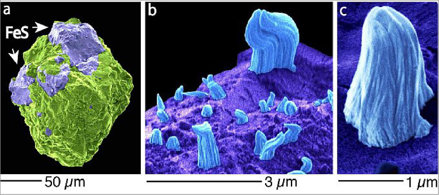 Figure 29: Microscopic images in false colors. (a) One of investigated Itokawa grain. The mineral troilite (FeS, violet) is surrounded by silicate minerals (green). (b) Troilite surface (violet) with iron whiskers (blue). (c) An enlarged image of an iron whisker (image credit: Toru Matsumoto)