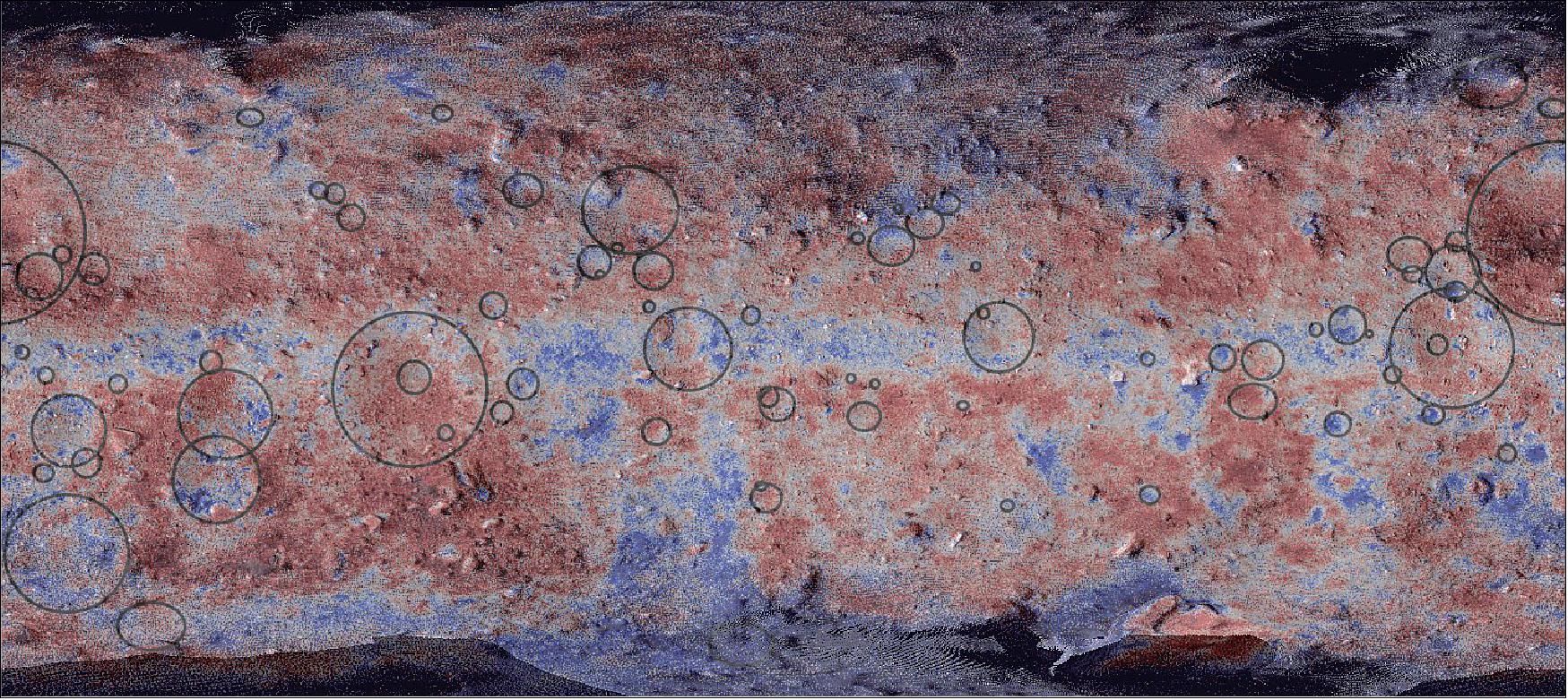 Figure 25: The Surface of Ryugu. False color map of the surface of Ryugu with craters marked by circles (image credit: 2020 Morota et al.)