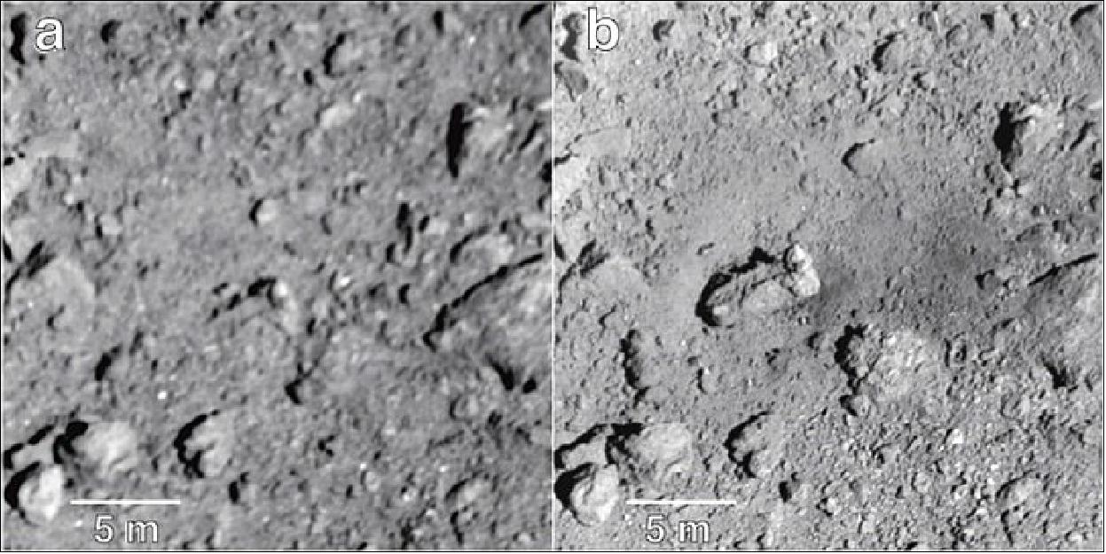Figure 17: High-resolution ONC images before and after the SCI impact. Both images are registered in an ONC latitude-longitude mosaic map (image credit: JAXA, The University of Tokyo, Kochi University, Rikkyo University, Chiba Institute of Technology, Meiji University, The University of Aizu, AIST)