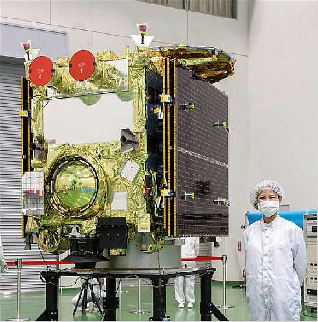 Figure 8: Photo of the Hayabusa-2 flight model, taken in Aug. 31, 2014, before shipping to the launch site, TNSC (Tanegashima Space Center). The SRC (Sample Return Capsule) is mounted to the bottom front side center of the spacecraft (image credit: JAXA)