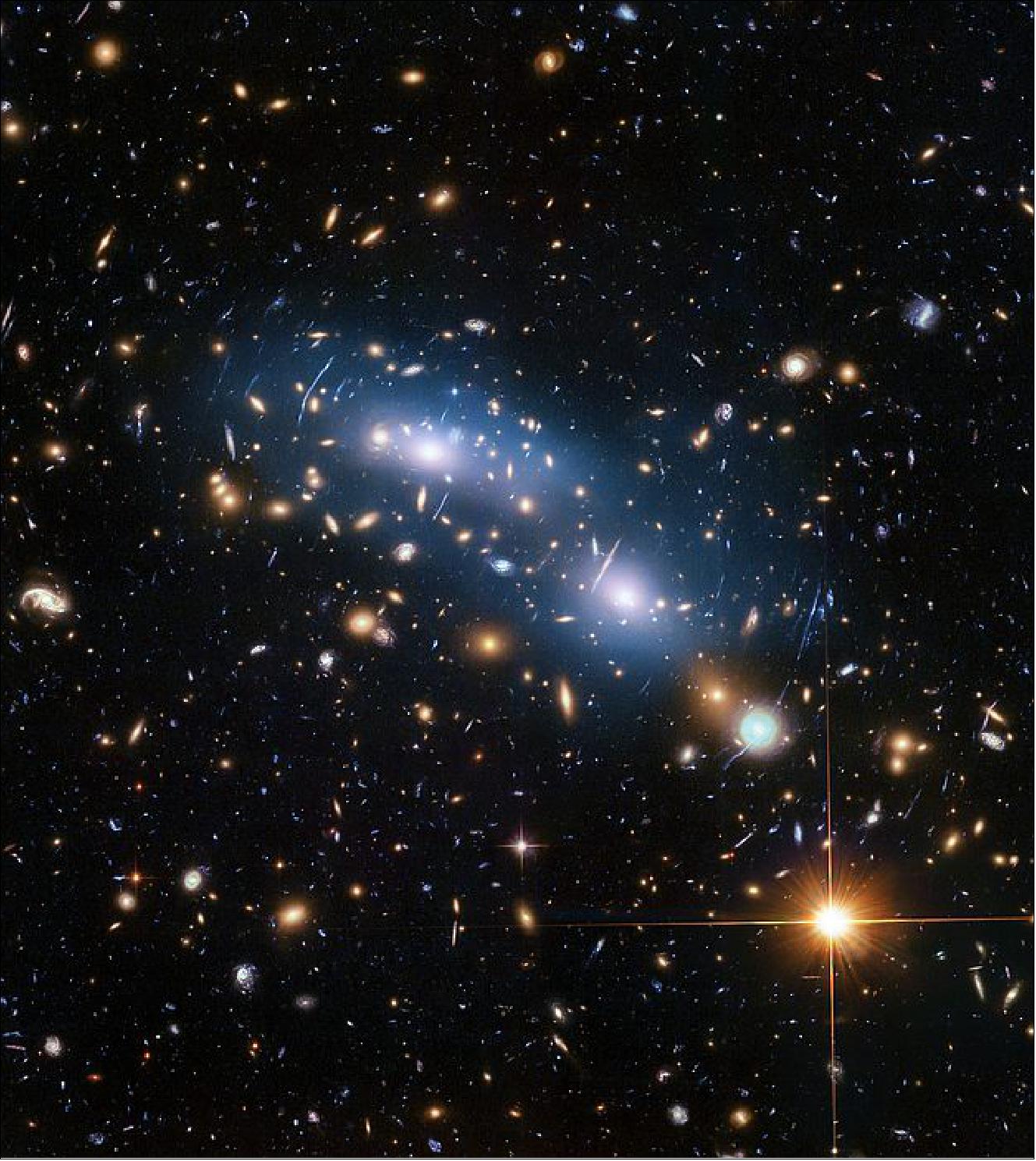 Figure 56: This image from the NASA/ESA Hubble Space Telescope shows the galaxy cluster MACS J0416. This is one of six being studied by the Hubble Frontier Fields program, which together have produced the deepest images of gravitational lensing ever made. Scientists used intracluster light (visible in blue) to study the distribution of dark matter within the cluster [image credit: NASA, ESA, and M. Montes (University of New South Wales, Sydney, Australia)]