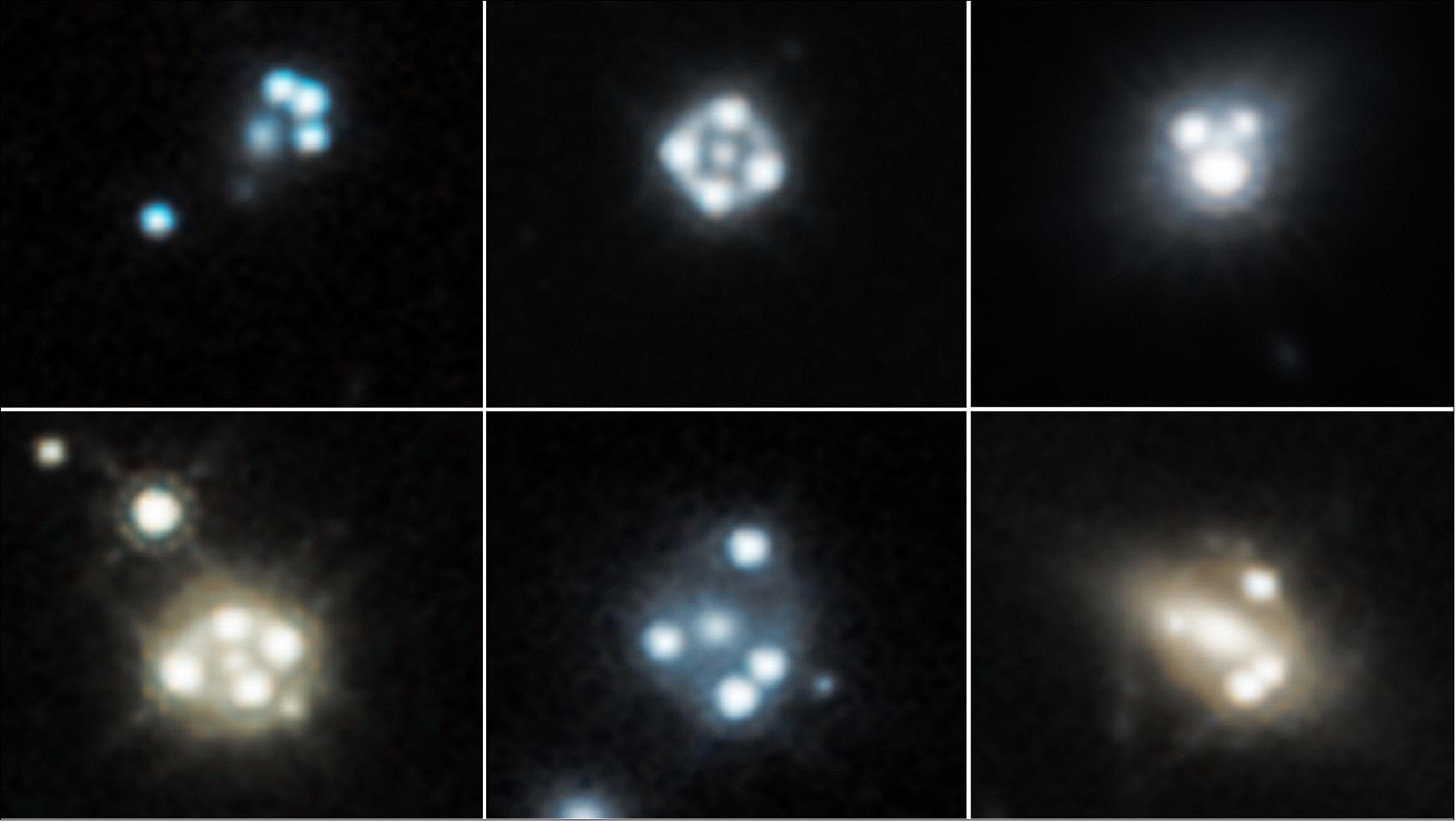 Figure 91: Each snapshot shows four distorted images of a background quasar (an extremely bright region in the center of some distant galaxies), surrounding the core of a massive foreground galaxy. The gravity of the foreground galaxy magnifies the quasar, an effect called gravitational lensing (image credit: NASA, ESA, A. Nierenberg, T. Treu)