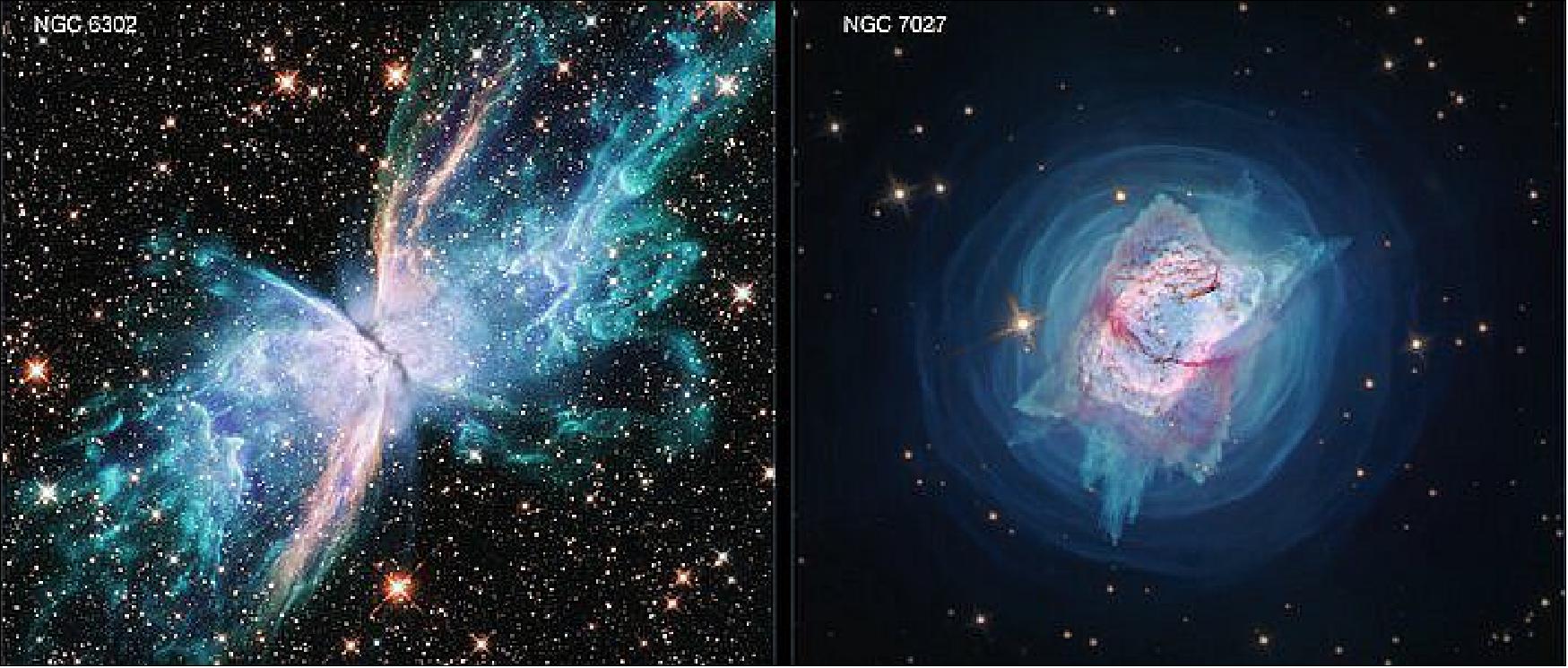 Figure 53: These two new images from the Hubble Space Telescope depict two nearby young planetary nebulae, NGC 6302, dubbed the Butterfly Nebula, and NGC 7027, which resembles a jewel bug. Both are among the dustiest planetary nebulae known and both contain unusually large masses of gas [image credit: NASA, ESA, and J. Kastner (RIT)]