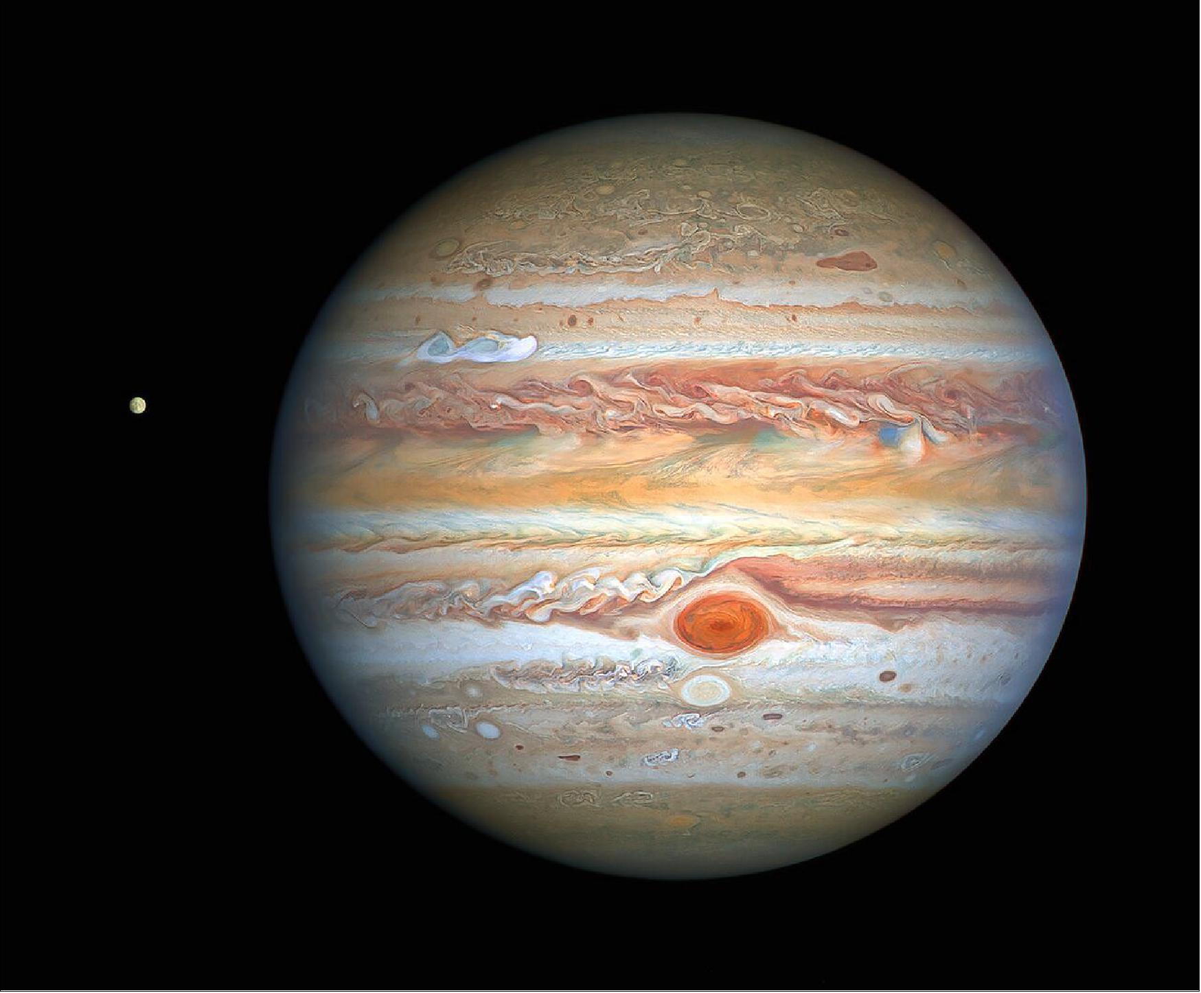 Figure 29: This latest image of Jupiter, taken by the NASA/ESA Hubble Space Telescope on 25 August 2020, was captured when the planet was 653 million km from Earth. Hubble’s sharp view is giving researchers an updated weather report on the monster planet’s turbulent atmosphere, including a remarkable new storm brewing, and a cousin of the Great Red Spot changing color — again. The new image also features Jupiter’s icy moon Europa (image credit: NASA, ESA, A. Simon (Goddard Space Flight Center), and M. H. Wong (University of California, Berkeley) and the OPAL team; CC BY 4.0)