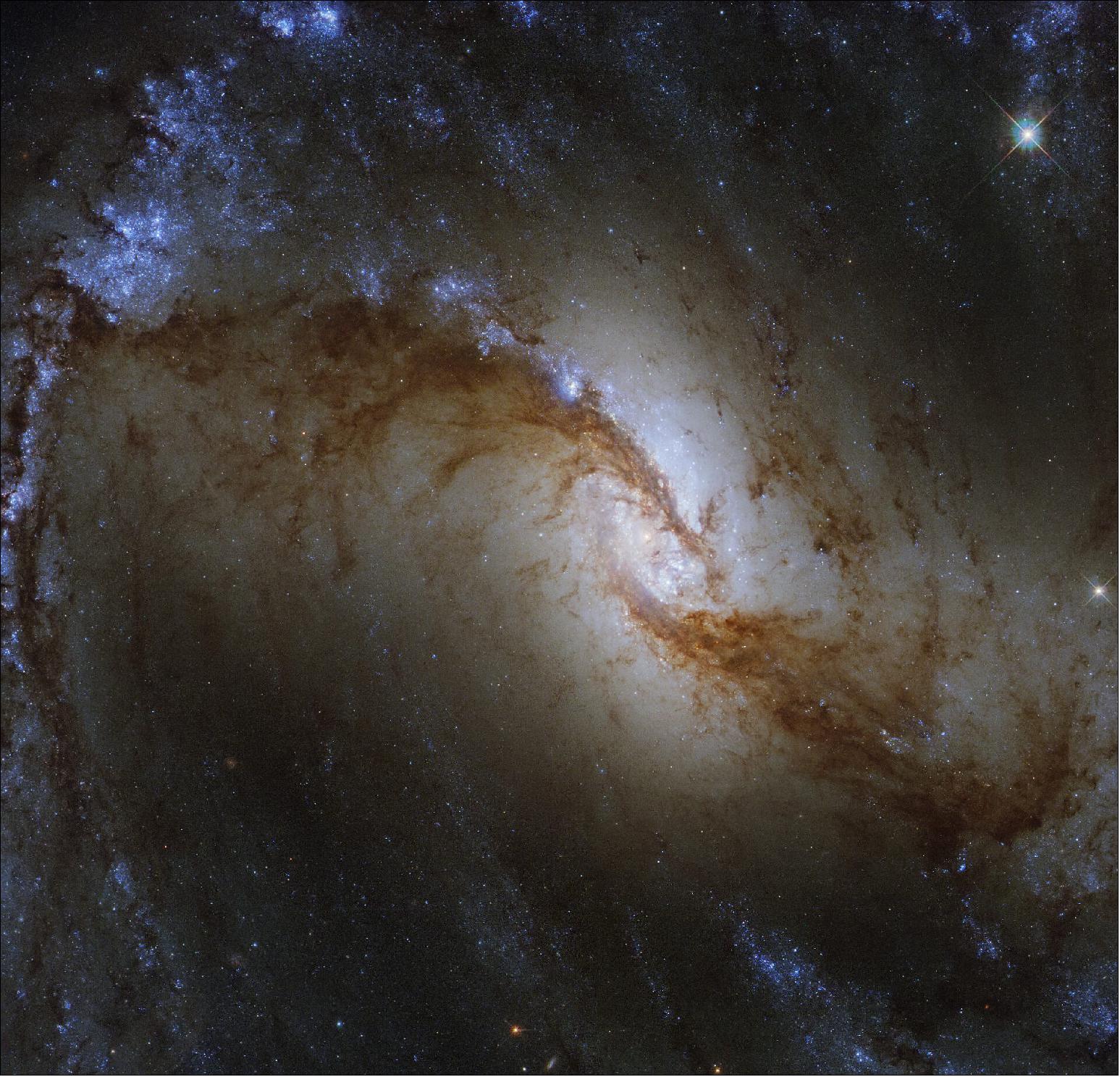Figure 22: This Hubble image was captured as part of a joint survey with the Atacama Large Millimeter/submillimeter Array (ALMA) in Chile. The survey will help scientists understand how the diversity of galaxy environments observed in the nearby Universe, including NGC 1365 and previous ESA/Hubble Pictures of the Week such as NGC 2835 and NGC 2775, influence the formation of stars and star clusters. Expected to image over 100,000 gas clouds and star-forming regions beyond our Milky Way, the PHANGS survey is expected to uncover and clarify many of the links between cold gas clouds, star formation and the overall shape and morphology of galaxies [image credit: ESA/Hubble & NASA, J. Lee and the PHANGS-HST Team; CC BY 4.0 - Acknowledgement: Judy Schmidt (Geckzilla)]