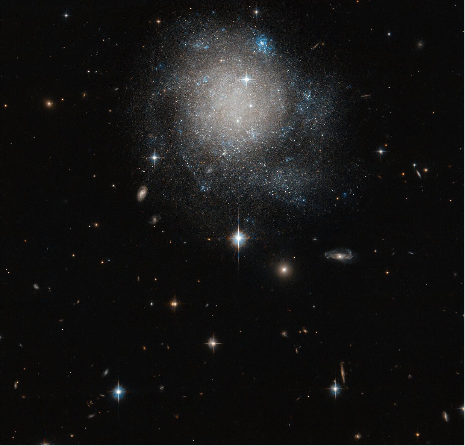 Figure 11: Observed with the NASA/ESA Hubble Space Telescope, the faint galaxy featured in this image is known as UGC 12588. Unlike many spiral galaxies, UGC 12588 displays neither a bar of stars across its centre nor the classic prominent spiral arm pattern. Instead, to a viewer, its circular, white and mostly unstructured centre makes this galaxy more reminiscent of a cinnamon bun than a mega-structure of stars and gas in space (image credit: ESA/Hubble & NASA, R. Tully; CC BY 4.0 - Acknowledgement: Gagandeep Anand)