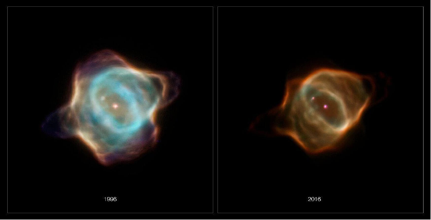 Figure 8: Archival data from the NASA/ESA Hubble Space Telescope reveal that the nebula Hen 3-1357, nicknamed the Stingray nebula, has faded precipitously over just the past two decades. Witnessing such a swift rate of change in a planetary nebula is exceedingly rare, say researchers. - These images captured by Hubble in 1996 (left), when compared to Hubble images taken in 2016 (right), show a nebula that has drastically dimmed in brightness and changed shape. Bright blue shells of gas near the center of the nebula have all but disappeared, and the wavy edges that earned this nebula its aquatic-themed name are virtually gone. The young nebula no longer pops against the black velvet background of the distant Universe [image credit: NASA, ESA, B. Balick (University of Washington), M. Guerrero (Instituto de Astrofisica de Andalucia), and G. Ramos-Larios (Universidad de Guadalajara)]