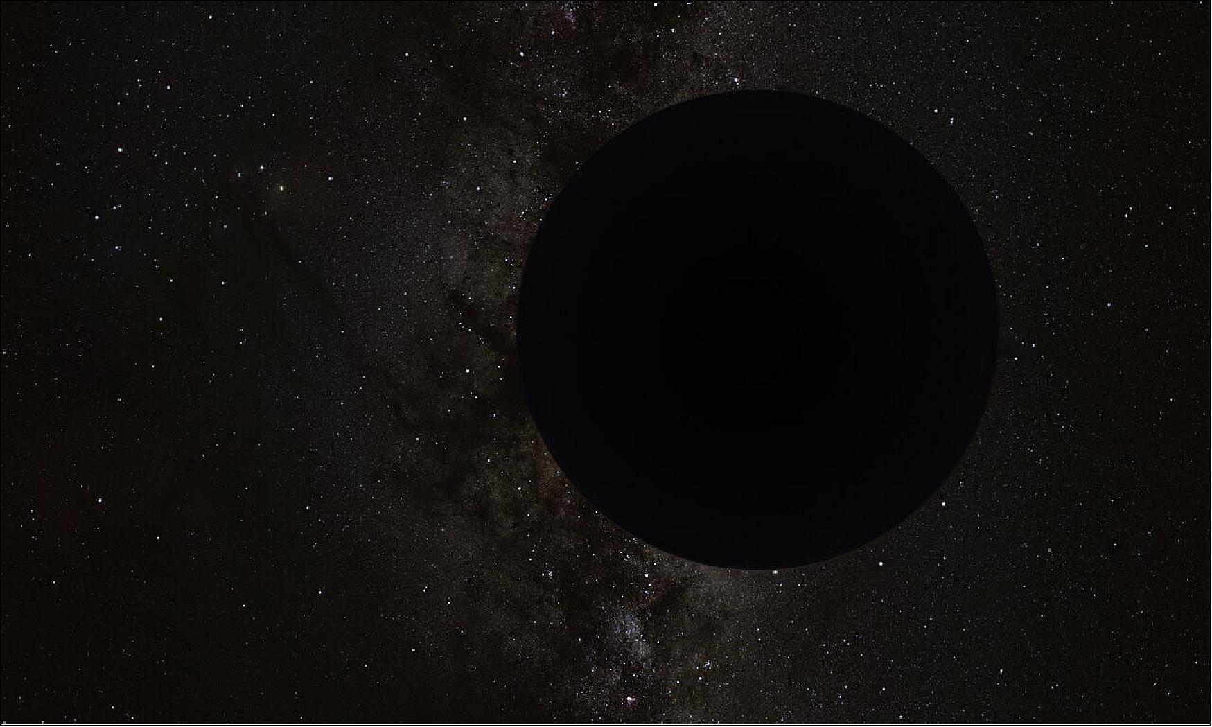 Figure 6: Artist’s Impression of the Hypothesized “Planet Nine”. An 11-Jupiter-mass exoplanet called HD106906 b occupies an unlikely orbit around a double star 336 light-years away and may be offering clues to something that might be much closer to home: a hypothesized distant member of our Solar System dubbed “Planet Nine.” This is the first time that astronomers have been able to measure the motion of a massive Jupiter-like planet that is orbiting very far away from its host stars and visible debris disc (image credit: ESA/Hubble, M. Kornmesser)