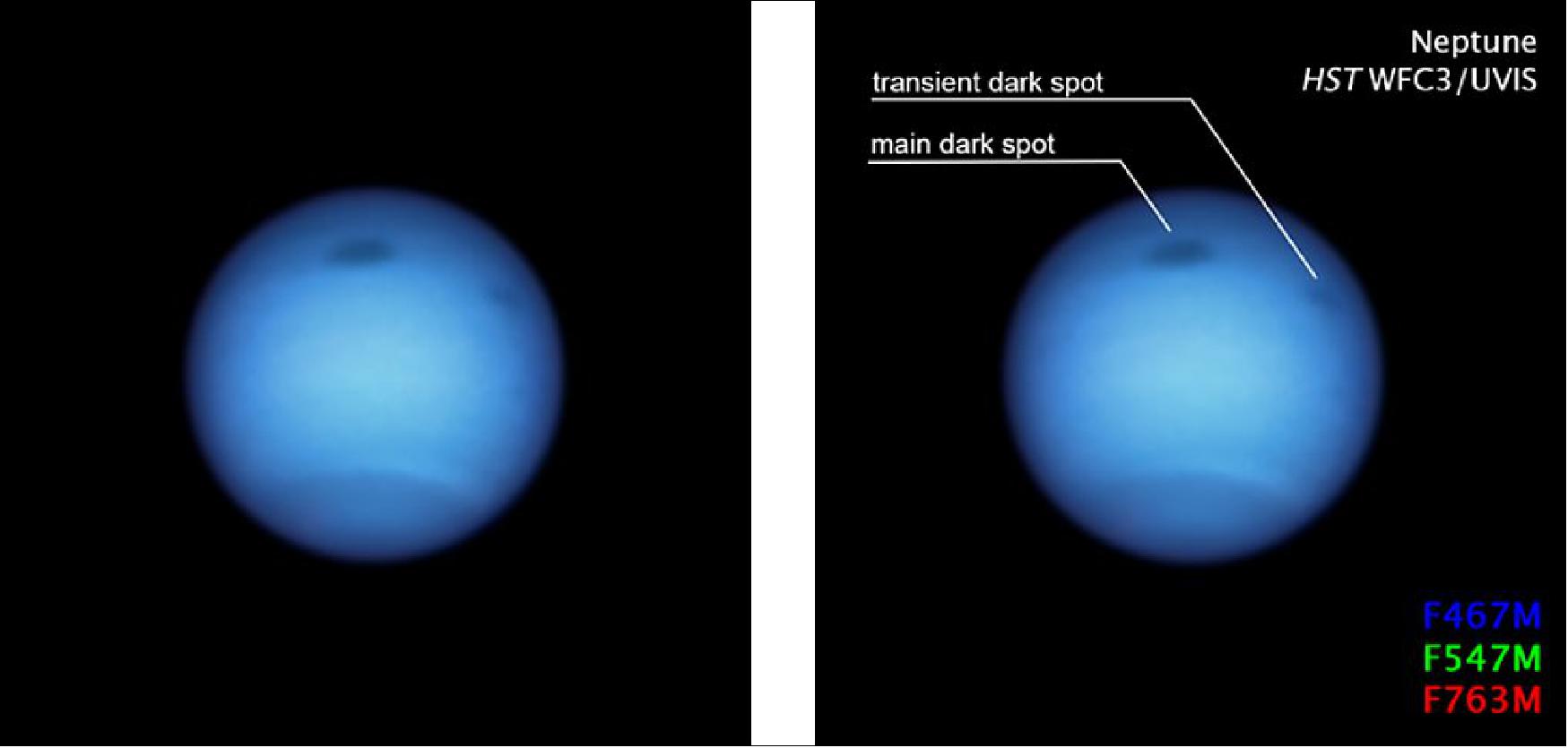 Figure 2: Hubble uncovers a pair of Dark Vortices on Neptune. This Hubble Space Telescope snapshot of the dynamic blue-green planet Neptune reveals a monstrous dark storm [top center] and the emergence of a smaller dark spot nearby [top right]. The giant vortex, which is wider than the Atlantic Ocean, was traveling south toward certain doom by atmospheric forces at the equator when it suddenly made a U-turn and began drifting back northward. Hubble's WFC3 (Wide Field Camera 3) captured this visible-light image on Jan. 7, 2020, the same time a slightly smaller dark spot mysteriously appeared nearby. That spot then vanished a few months later. The smaller feature may have been a piece of the giant storm that broke off as the larger vortex approached the equator. - Hubble uncovered the giant storm in September 2018 in Neptune's northern hemisphere. The feature is roughly 4,600 miles across. The estimated width of the smaller spot is 3,900 miles. - The large storm is the fourth transient dark spot Hubble has observed since 1993. NASA's Voyager 2 spacecraft first imaged two dark features in Neptune's southern hemisphere in 1989 as Voyager flew by the distant planet. Those storms had disappeared by the time Hubble looked at Neptune in 1994. However, Hubble detected two new dark spots in the planet's northern hemisphere in 1994 and 1996. - It's unclear how these storms form. Their clouds may be rising to higher altitudes, compared to surrounding regions in the gas giant's atmosphere. - Neptune's predominant blue color is due to the absorption of red light by the distant planet's methane-rich atmosphere [image credits: NASA, ESA, STScI, M. H. Wong (University of California, Berkeley) and L. A. Sromovsky and P. M. Fry (University of Wisconsin-Madison)]