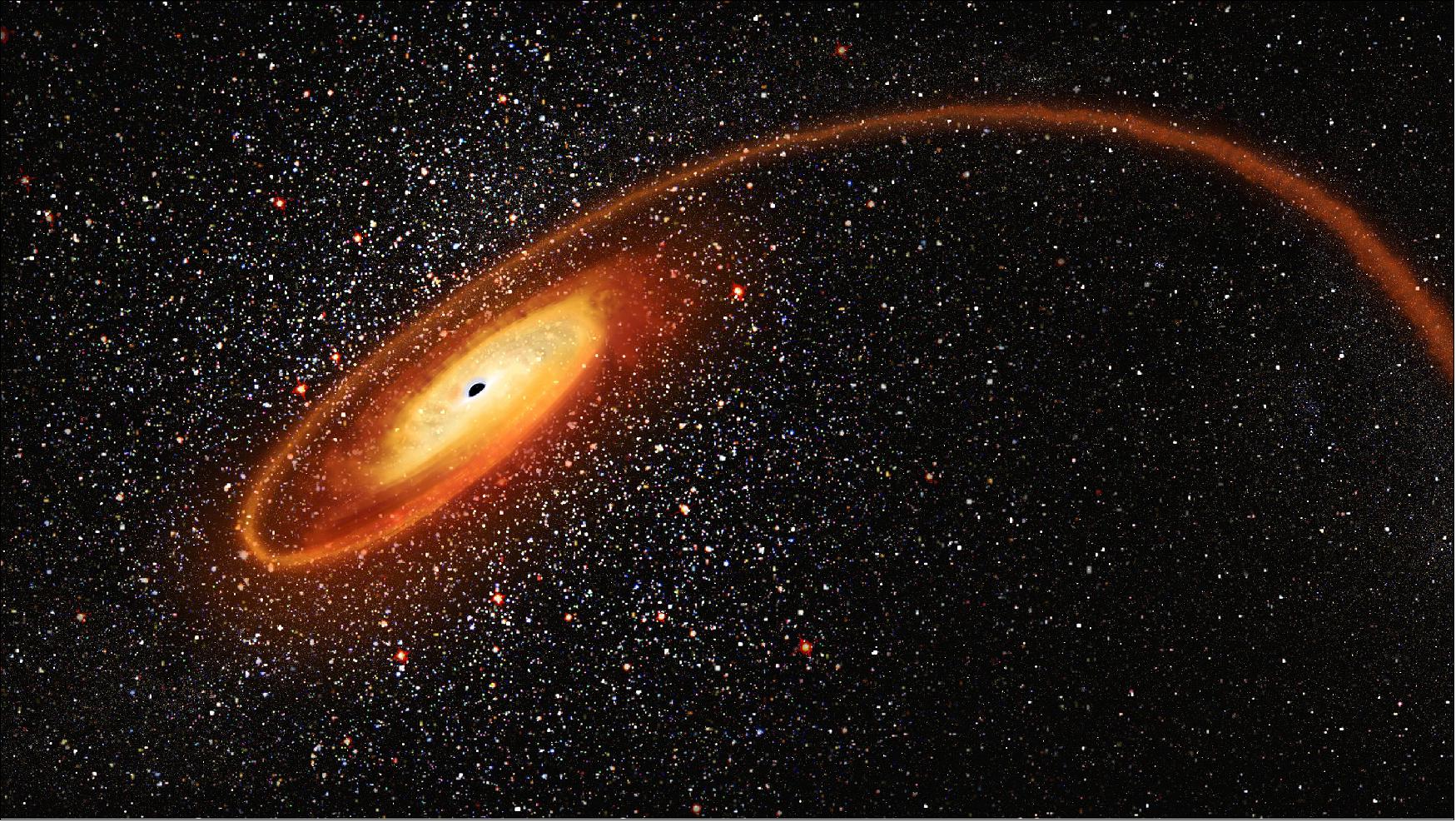 Figure 82: This illustration depicts a cosmic homicide in action. A wayward star is being shredded by the intense gravitational pull of a black hole that contains tens of thousands of solar masses. The stellar remains are forming an accretion disk around the black hole. Flares of X-ray light from the super-heated gas disk alerted astronomers to the black hole's location; otherwise it lurked unknown in the dark. The elusive object is classified as an intermediate mass black hole (IMBH), as it is much less massive than the monster black holes that dwell in the centers of galaxies. Therefore, IMBHs are mostly quiescent because they do not pull in as much material, and are hard to find. Hubble observations provide evidence that the IMBH dwells inside a dense star cluster. The cluster itself may be the stripped-down core of a dwarf galaxy [image credit: NASA, ESA and D. Player (STScI)]