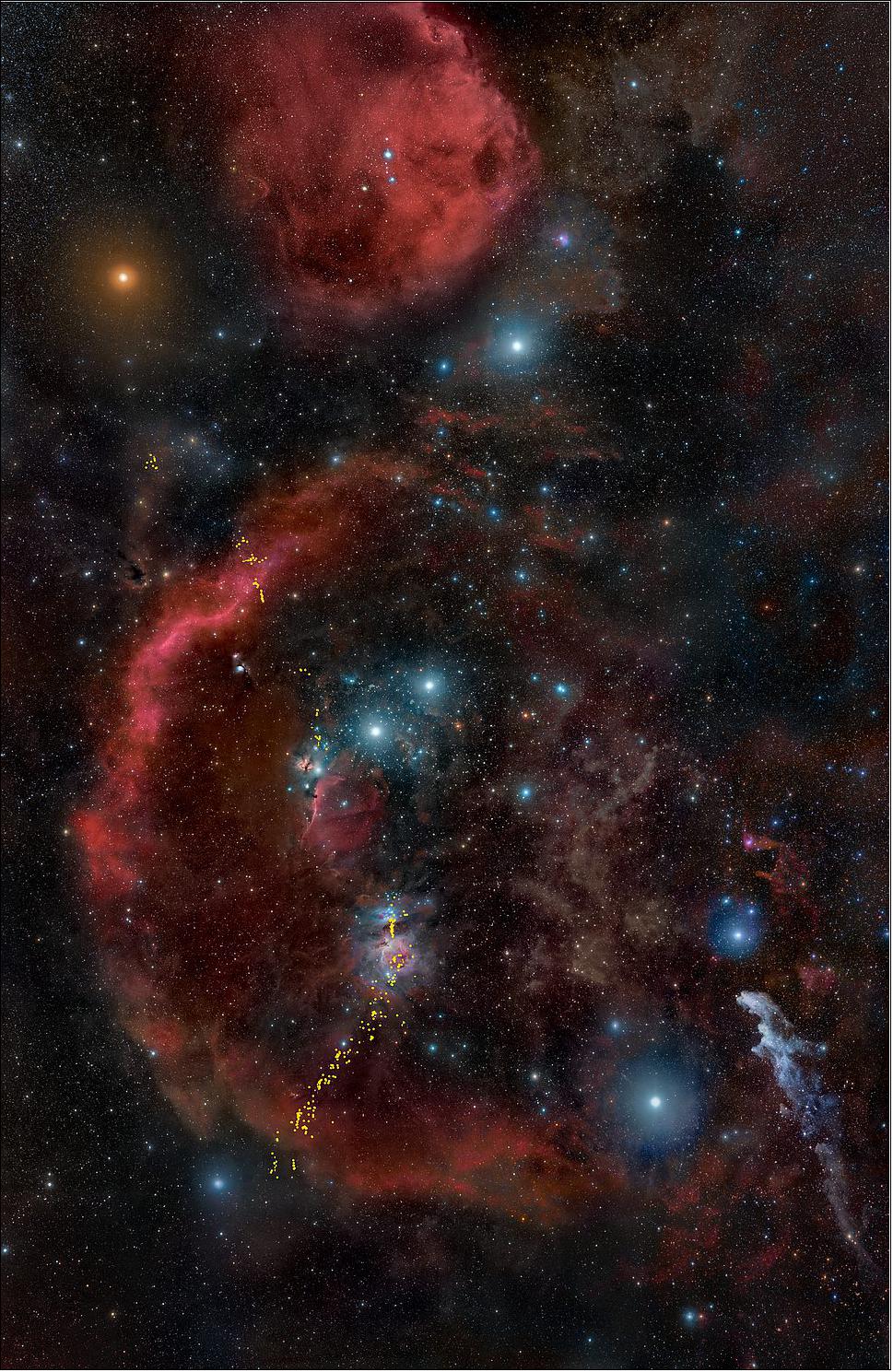 Figure 106: This ground-based image offers a wide view of the entire Orion cloud complex, the closest major star-forming region to Earth. The red material is hydrogen gas ionized and heated by ultraviolet radiation from massive stars in Orion. The stars are forming in clouds of cold hydrogen gas that are either invisible or appear as dark regions in this image. The crescent shape is called Barnard's Loop and partly wraps around the winter constellation figure of Orion the Hunter. The hunter's belt is the diagonal chain of three stars at image center. His feet are the bright stars Saiph (bottom left) and Rigel (bottom right). This landscape encompasses tens of thousands of newly forming stars bursting to life. Many are still encased in their natal cocoons of gas and dust and only seen in infrared light. The undulating line of yellow dots, beginning at lower left, is a superimposed image of 304 nascent stars taken by NASA's Hubble Space Telescope. This landscape encompasses tens of thousands of newly forming stars bursting to life. Many are still encased in their natal cocoons of gas and dust and only seen in infrared light. Researchers used NASA's Hubble and Spitzer space telescopes and the European Space Agency's Herschel Space Telescope to analyze how young stars' powerful outflows carve out cavities in the vast gas clouds. The study is the largest-ever survey of developing stars [image credits: Image courtesy of R. B. Andreo, DeepSkyColors.com; Data Overlay: NASA, ESA, STScI, N. Habel and S. T. Megeath (University of Toledo)]