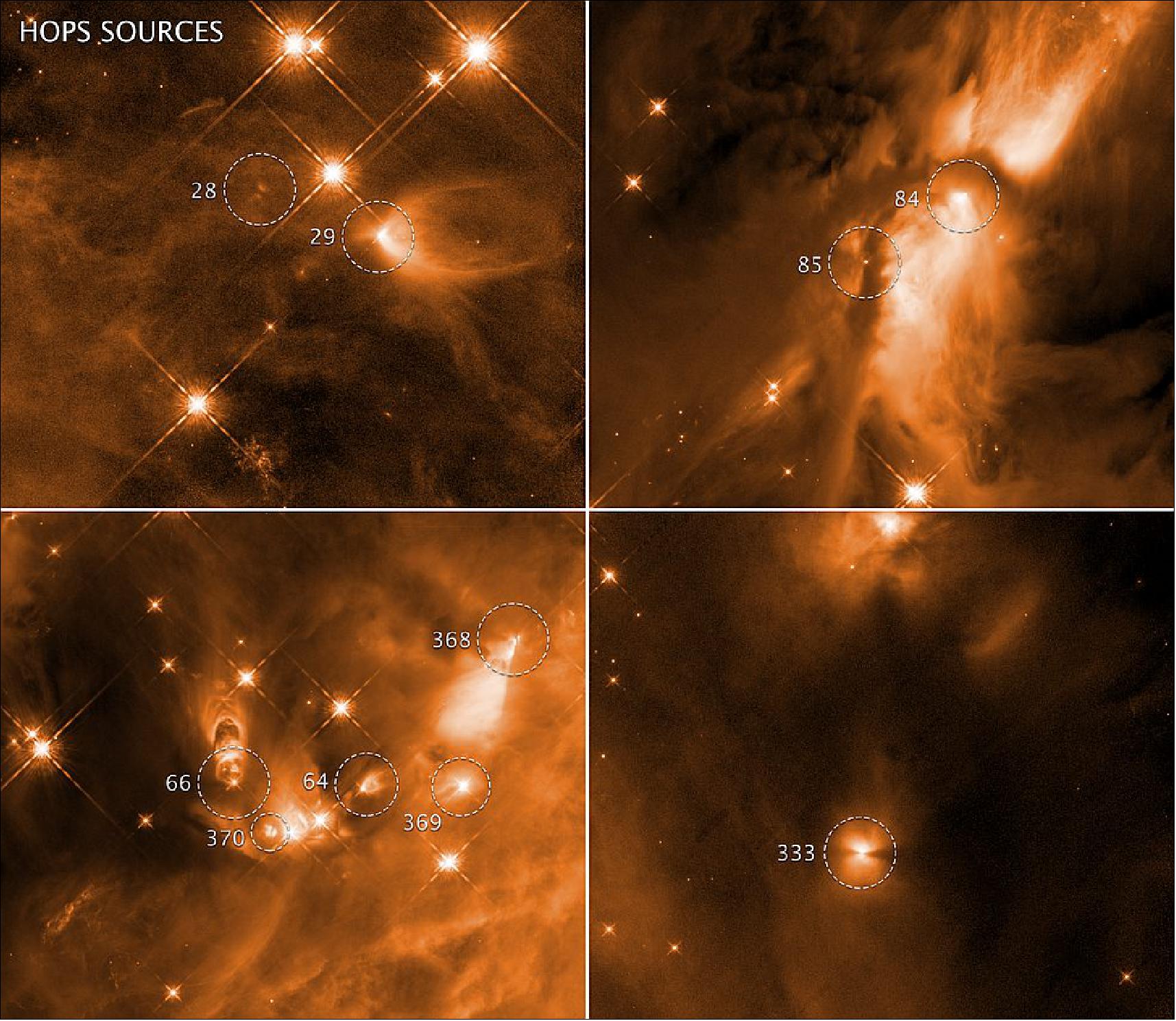 Figure 105: These four images taken by NASA's Hubble Space Telescope reveal the chaotic birth of stars in the Orion complex, the nearest major star-forming region to Earth. The snapshots show fledgling stars buried in dusty gaseous cocoons announcing their births by unleashing powerful winds and pairs of spinning, lawn-sprinkler-style jets shooting off in opposite directions. Near-infrared light pierces the dusty region to unveil details of the birthing process. The stellar outflows are carving out cavities within the hydrogen gas cloud. This relatively brief birthing stage lasts about 500,000 years. Although the stars themselves are shrouded in dust, they emit powerful radiation, which strikes the cavity walls and scatters off dust grains, illuminating in infrared light the gaps in the gaseous envelopes. Astronomers found that the cavities in the surrounding gas cloud sculpted by a forming star's outflow did not grow regularly as they matured, as theories propose. The protostars were photographed in near-infrared light by Hubble's Wide Field Camera 3. The images were taken Nov. 14, 2009, and Jan. 25, Feb. 11, and Aug. 11, 2010 [image credits: NASA, ESA, STScI, N. Habel and S. T. Megeath (University of Toledo)]