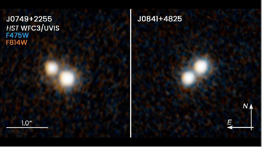 Figure 99: Hubble Resolves Two Pairs of Quasars. These two Hubble Space Telescope images reveal two pairs of quasars that existed 10 billion years ago and reside at the hearts of merging galaxies. Each of the four quasars resides in a host galaxy. These galaxies, however, cannot be seen because they are too faint, even for Hubble. The quasars within each pair are only about 10,000 light-years apart—the closest ever seen at this cosmic epoch. -Quasars are brilliant beacons of intense light from the centers of distant galaxies that can outshine their entire galaxies. They are powered by supermassive black holes voraciously feeding on infalling matter, unleashing a torrent of radiation. - The quasar pair in the left-hand image is catalogued as J0749+2255; the pair on the right, as J0841+4825. The two pairs of host galaxies inhabited by each double quasar will eventually merge. The quasars will then tightly orbit each other until they eventually spiral together and coalesce, resulting in an even more massive, but solitary black hole. - The image for J0749+2255 was taken Jan. 5, 2020. The J0841+4825 snapshot was taken Nov. 30, 2019. Both images were taken in visible light with Wide Field Camera 3 [NASA/ESA, H. Hwang and N. Zakamska (Johns Hopkins University), and Y. Shen (University of Illinois, Urbana-Champaign)]