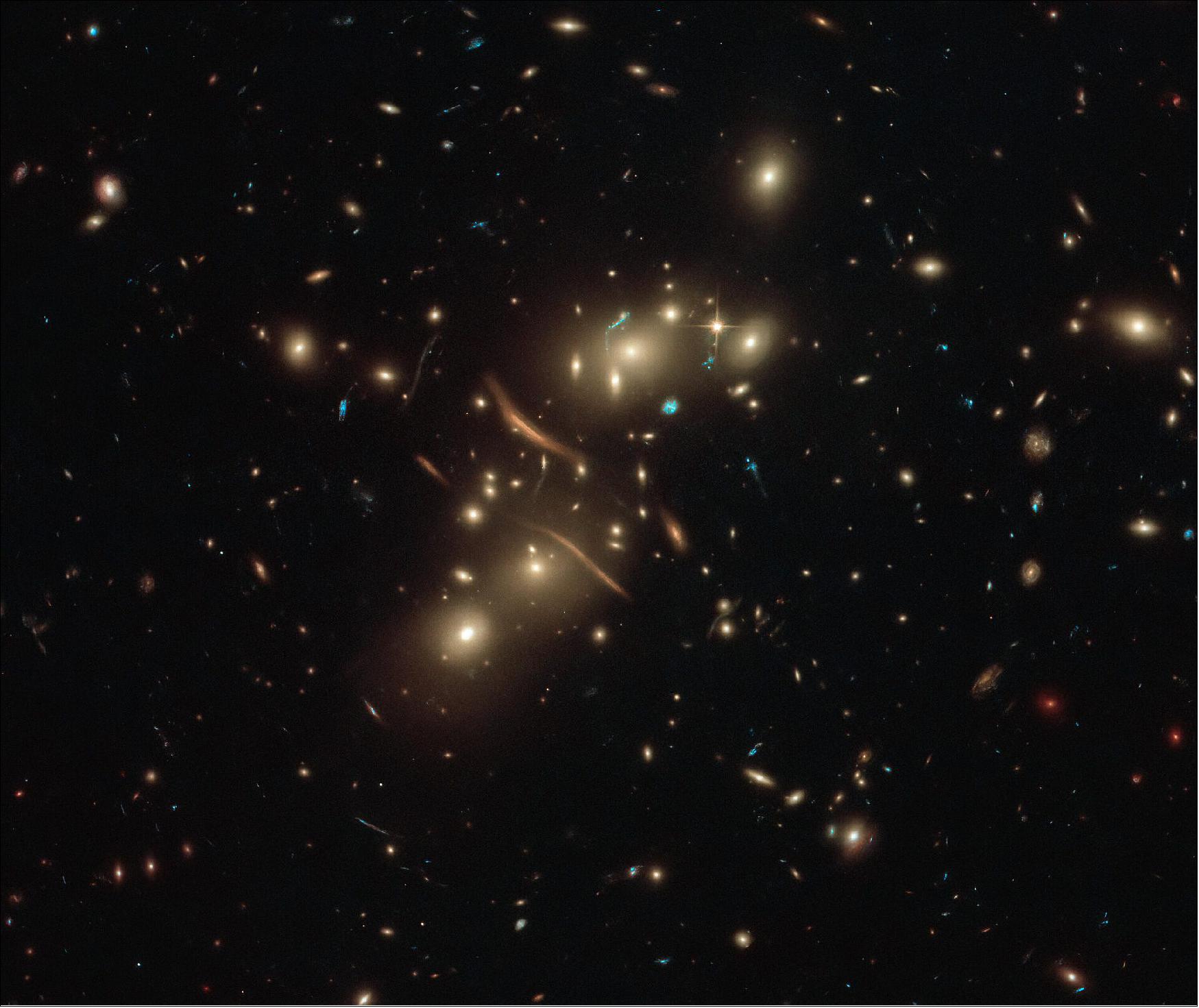Figure 95: Gravitational lensing occurs when an object’s mass causes light to bend. The curved crescents and s-shapes of light in this image are not curved galaxies, but are light from galaxies that actually lie beyond Abell 2813. The galaxy cluster has so much mass that it acts as a gravitational lens, causing light from more distant galaxies to bend around it. These distortions can appear as many different shapes, such as long lines or arcs (image credit: ESA/Hubble & NASA, D. Coe; CC BY 4.0)