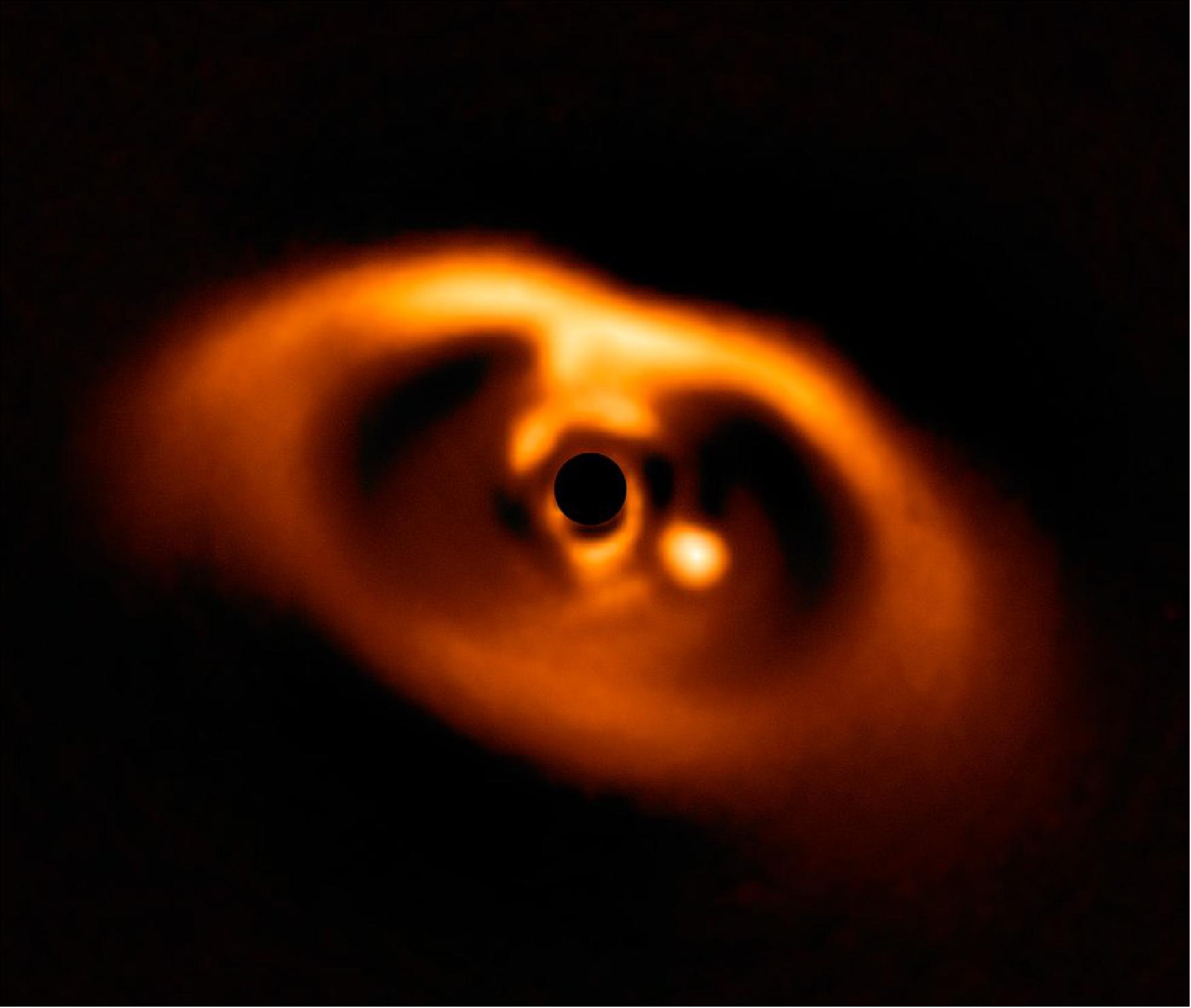 Figure 91: ESO's (European Southern Observatory’s) VLT (Very Large Telescope) caught the first clear image of a forming planet, PDS 70b, around a dwarf star in 2018. The planet stands out as a bright point to the right of the center of the image, which is blacked out by the coronagraph mask used to block the light of the central star [image credits: ESO, VLT, André B. Müller (ESO)]