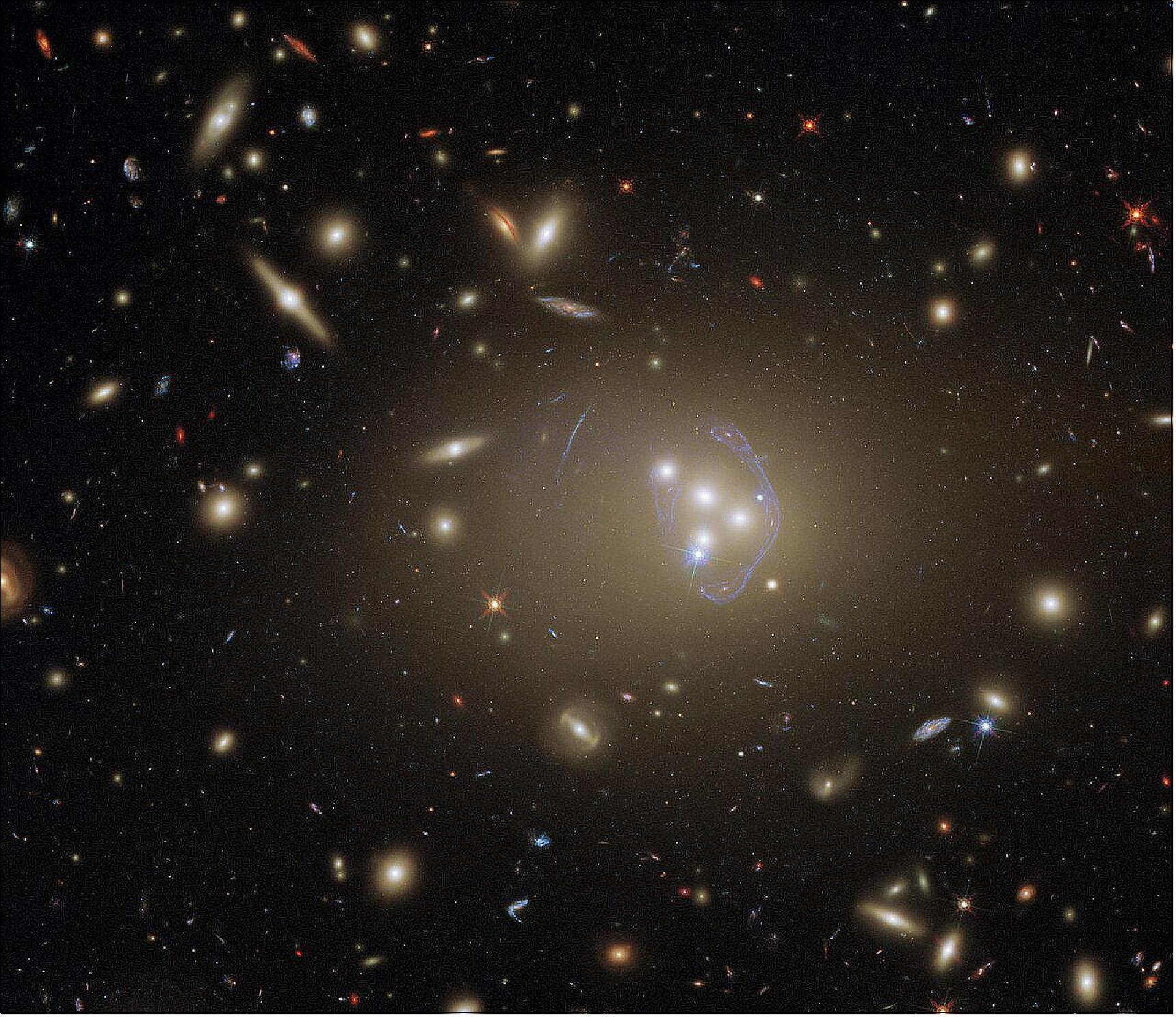 Figure 88: This detailed image features Abell 3827, a galaxy cluster that offers a wealth of exciting possibilities for study. It was observed by Hubble in order to study dark matter, which is one of the greatest puzzles cosmologists face today. The science team used Hubble’s Advanced Camera for Surveys (ACS) and Wide Field Camera 3 (WFC3) to complete their observations. The two cameras have different specifications and can observe different parts of the electromagnetic spectrum, so using them both allowed the astronomers to collect more complete information. Abell 3827 has also been observed previously by Hubble, because of the interesting gravitational lens at its core (image credit: ESA/Hubble & NASA, R. Massey, CC BY 4.0)