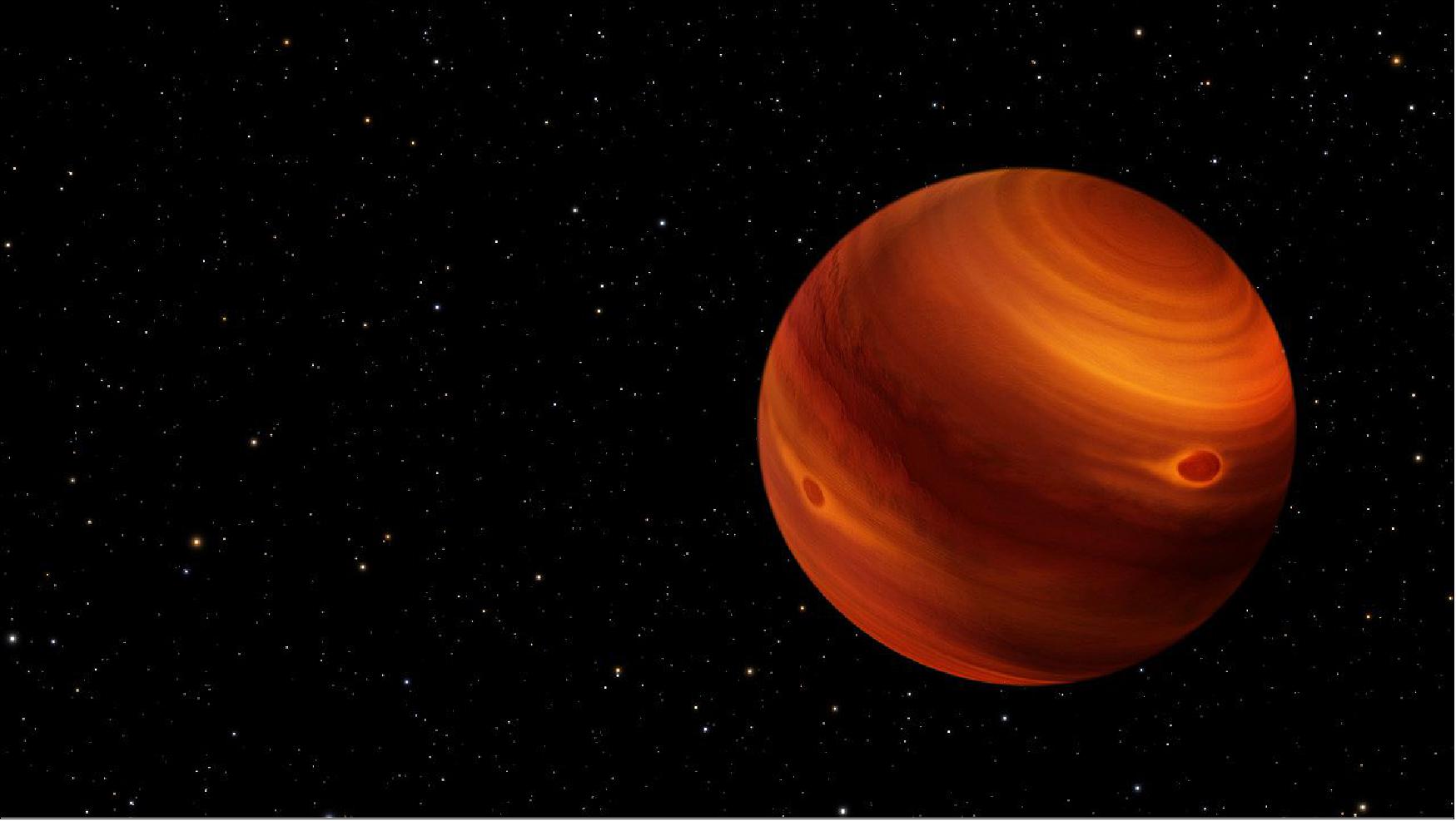 Figure 80: Observations of a nearby brown dwarf suggest that it has a mottled atmosphere with scattered clouds and mysterious dark spots reminiscent of Jupiter's Great Red Spot, as shown in this artist's concept. The nomadic object, called 2MASS J22081363+2921215, resembles a carved Halloween pumpkin, with light escaping from its hot interior. Brown dwarfs are more massive than planets but too small to sustain nuclear fusion, which powers stars. - Though only roughly 115 light-years away, the brown dwarf is too distant for any features to be photographed. Instead, researchers used the Multi-Object Spectrograph for Infrared Exploration (MOSFIRE) at the W. M. Keck Observatory in Hawaii to study the colors and brightness variations of the brown dwarf's layer-cake cloud structure, as seen in near-infrared light. MOSFIRE also collected the spectral fingerprints of various chemical elements contained in the clouds and how they change with time [image credit: Artwork: NASA, ESA, STScI, Leah Hustak (STScI)]