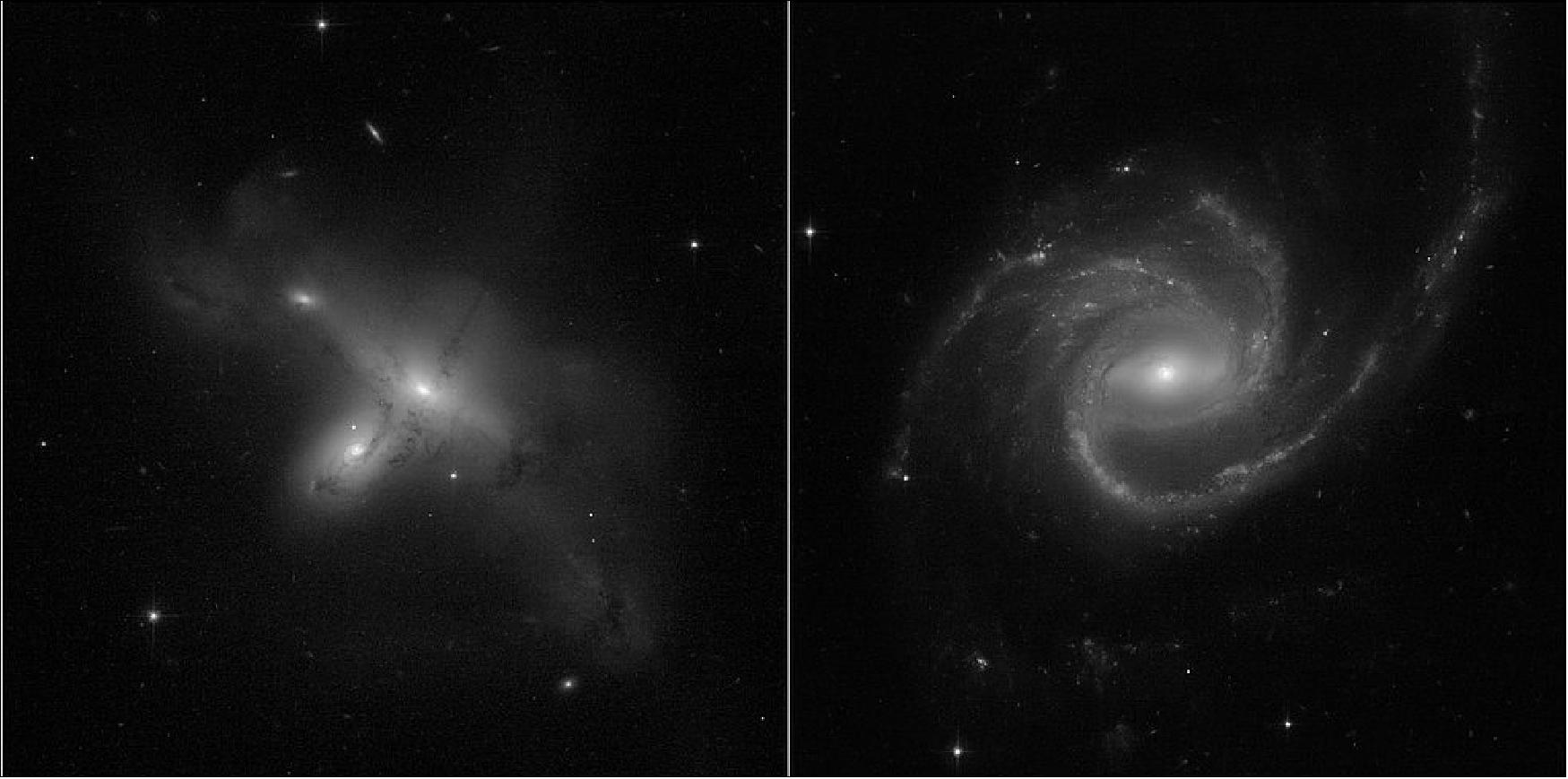 Figure 66: These images, from a program led by Julianne Dalcanton of the University of Washington in Seattle, demonstrate Hubble's return to full science operations. Left: ARP-MADORE2115-273 is a rarely observed example of a pair of interacting galaxies in the southern hemisphere. Right: ARP-MADORE0002-503 is a large spiral galaxy with unusual, extended spiral arms. While most disk galaxies have an even number of spiral arms, this one has three [image credits: Science: NASA, ESA, STScI, Julianne Dalcanton (UW) Image processing: Alyssa Pagan (STScI)]