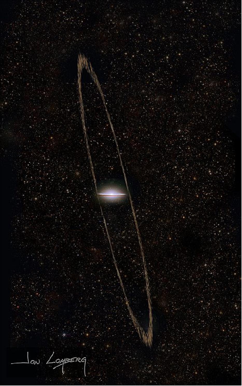 Figure 65: Artist's conception of the tidal stream of the Sombrero galaxy (M104), image credit: Jon Lomberg for the Stellar Tidal Stream Survey.
