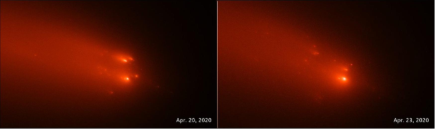 Figure 55: This pair of Hubble Space Telescope images of comet C/2019 Y4 (ATLAS), taken on April 20 and April 23, 2020, reveal the breakup of the solid nucleus of the comet. Hubble photos identify as many as 30 separate fragments. The comet was approximately 91 million miles from Earth when the images were taken. The comet may be a broken off piece of a larger comet that swung by the Sun 5,000 years ago. The comet has been artificially colored in this view to enhance details for analysis (credits: Science: NASA, ESA, Quanzhi Ye (UMD), Image Processing: Alyssa Pagan (STScI)